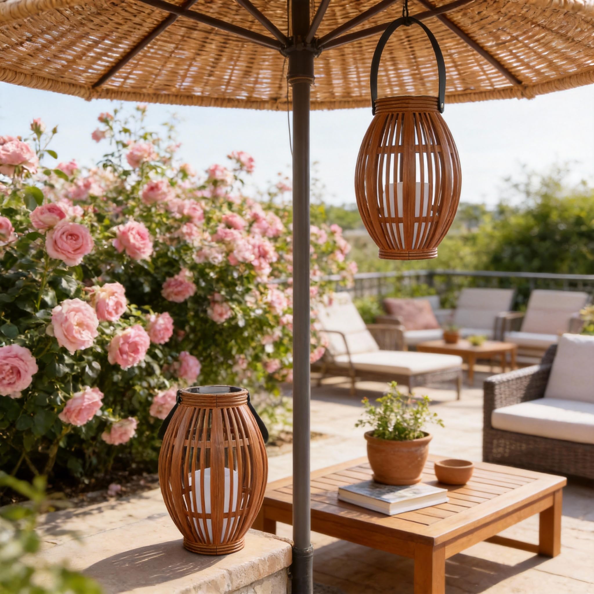 DJGIFI Lanterna Solare Intreccio 2 Pezzi, Stile Nordico IP44, Luce Calda | Scandinavo | 3000K | φ14×21cm senza maniglia / 31.5cm con maniglia ×2 | ABS Look Rattan | Sensore Crepuscolare 229g Naturale