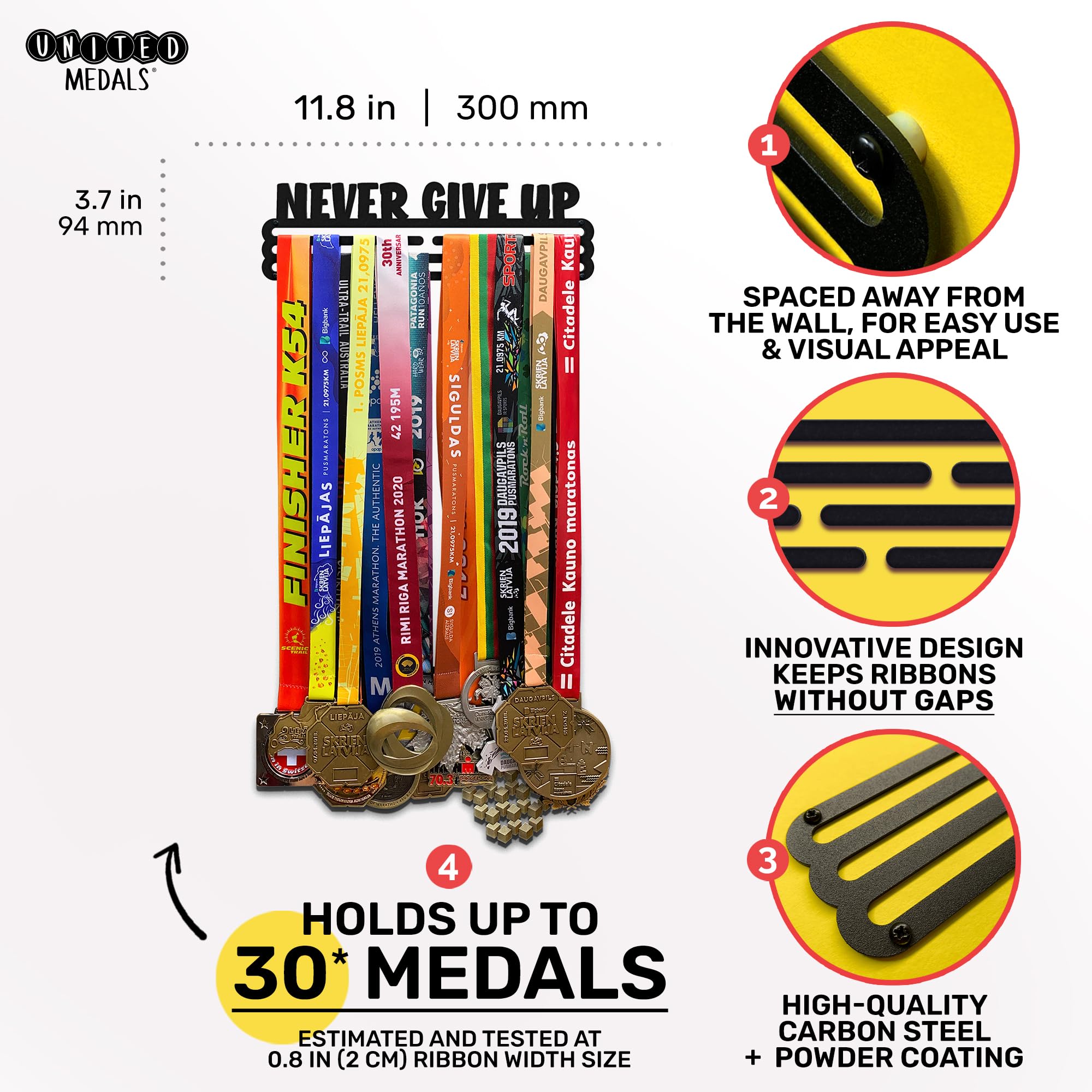 Never Give Up Sports Medal Wieszak ekspozycyjny | Stalowy uchwyt | Rama do montażu na ścianie