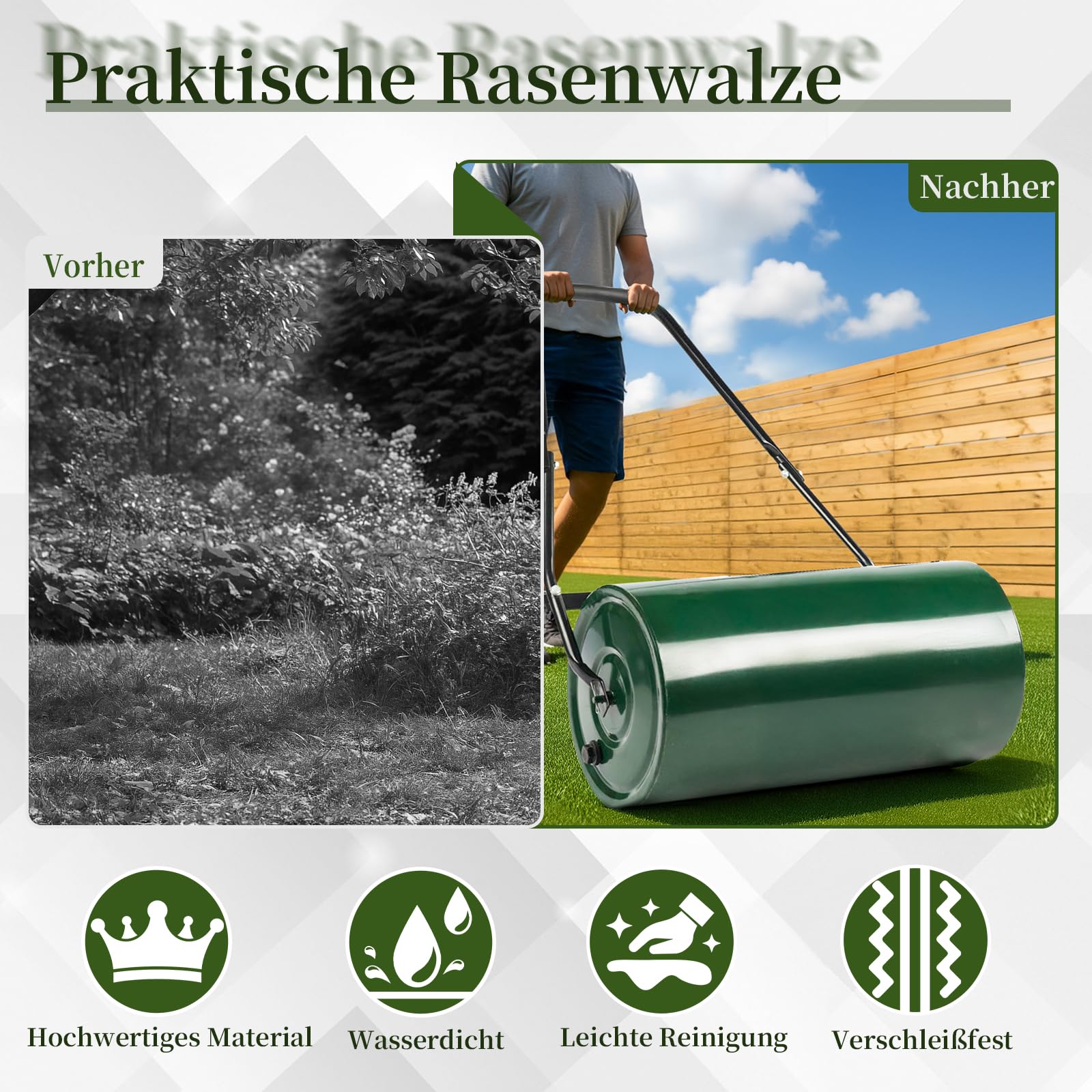 LEADZM Rasenwalze 50L, Kontaktflächenlänge 60 cm, 32 cm Durchmesser – befüllbar mit Sand oder Wasser, rasenlüfter Walze, Der Griff ist gepolstert Komfortabel und effizient