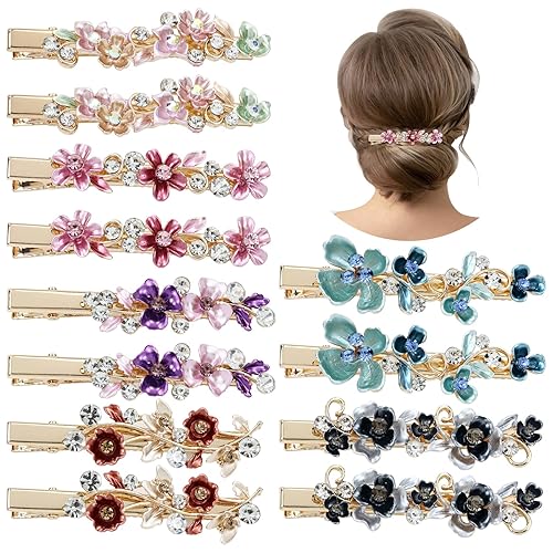 Lawie Paquete de 12 pinzas para el cabello con diamantes de imitación de cristal brillante y brillantes, pinzas para el pelo de cocodrilo de metal,