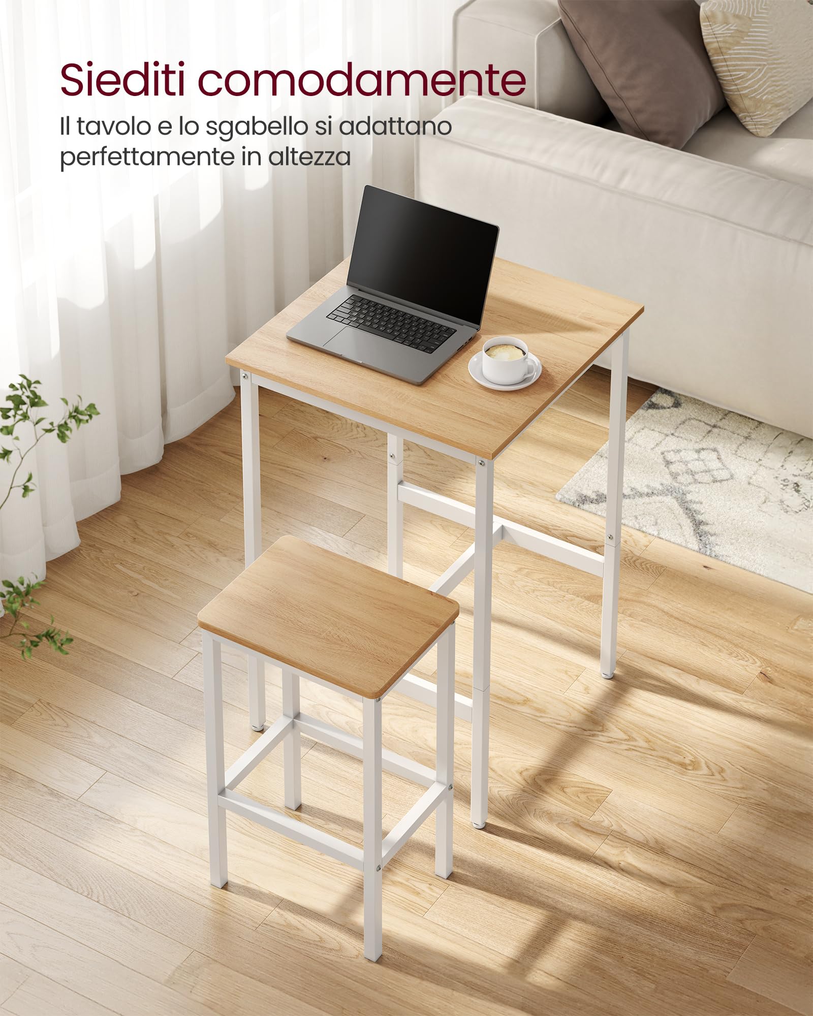 VASAGLE Tavolo da Bar con Sgabelli, Tavolo da Pranzo con 2 Sgabelli, Tavolo Cucina 60 x 60 x 90 cm, Sgabello di 30 x 40 x 65 cm, Sala da Pranzo, Rovere Dorato e Bianco Nuvola LBT017W09