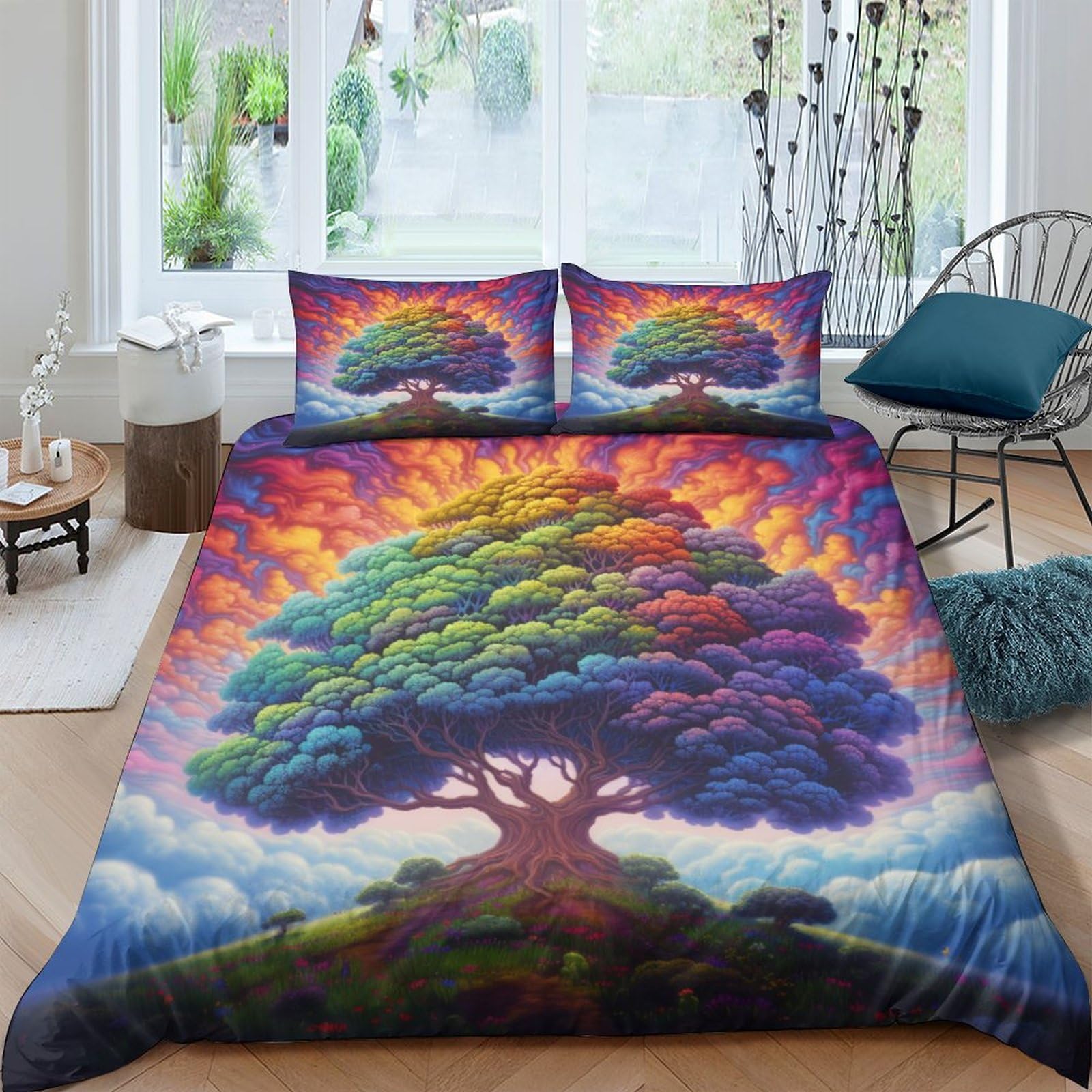 Housse de couette avec taies parure de lit arbre multicolore 3D
