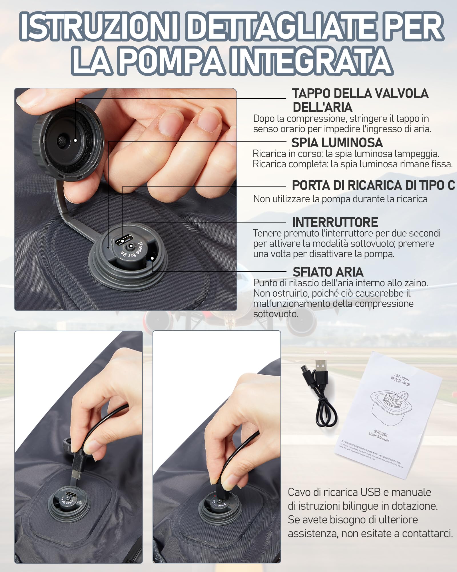 suradar Zaino Ryanair Sottovuoto da Viaggio con Pompa Integrata Wizzair Eurowings Vueling, Zaino con Sottovuoto Incorporato 40x30x20 Aereo Bagaglio a Mano 40x30x20 Vacuum Travel Backpack Blu reale