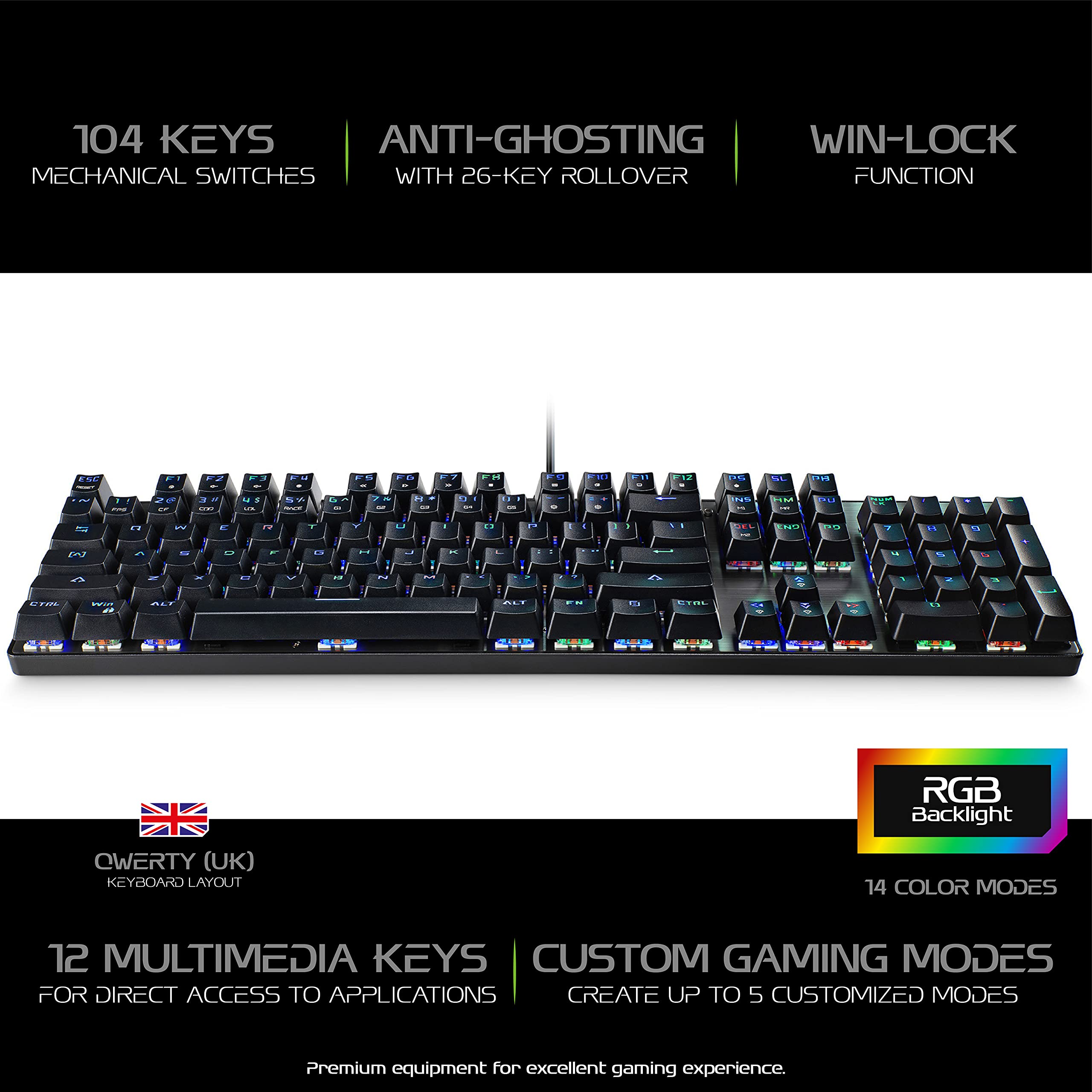 MediaRange Gaming Series - Tastiera meccanica cablata con 104 tasti e 14 modalità di colore, QWERTY (UK), nero/argento