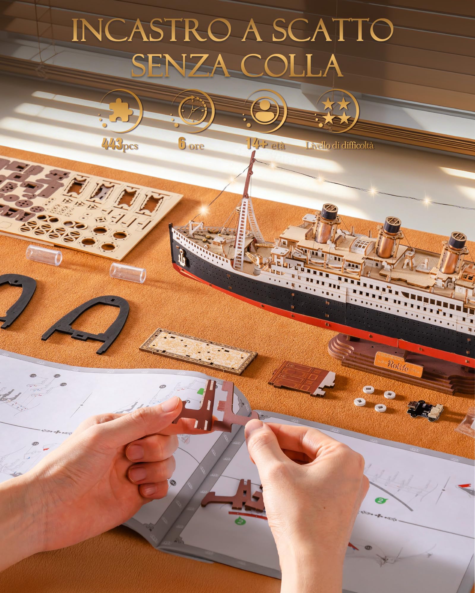 Rolife Puzzle 3D in Legno Modello di Nave Titanic - Kit di Costruzione a Incastro da 433 Pezzi, Decorazione per la Casa da Collezione, Artigiani e Appassionati di Storia