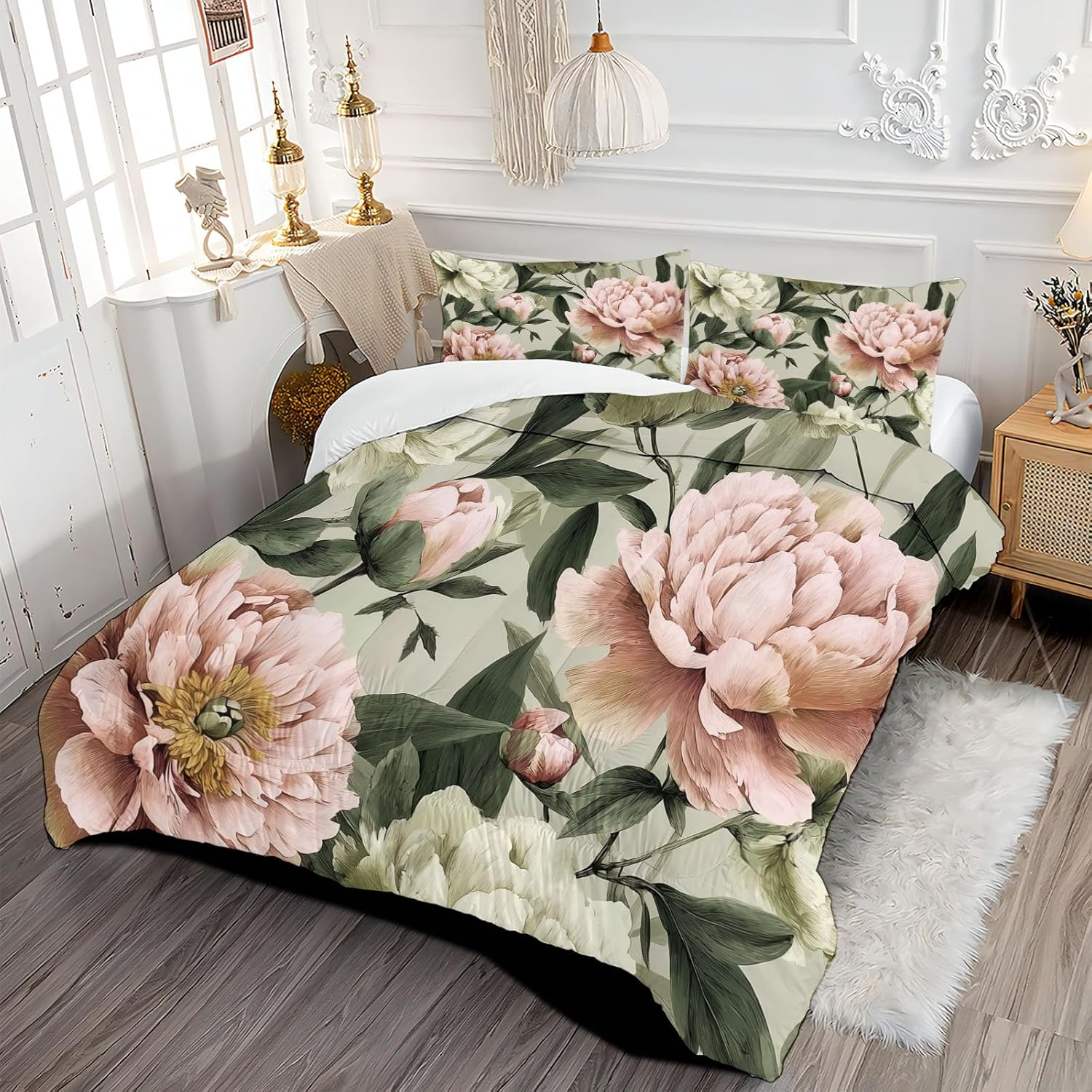 3D Watercolor Peonies Comforter Set Full Size Bedding Set Retro Style All Season Down Comforter Printed Quilted with 2 Pillow Shams for Kids, Teens, Adults 80 x 90in Sage Green