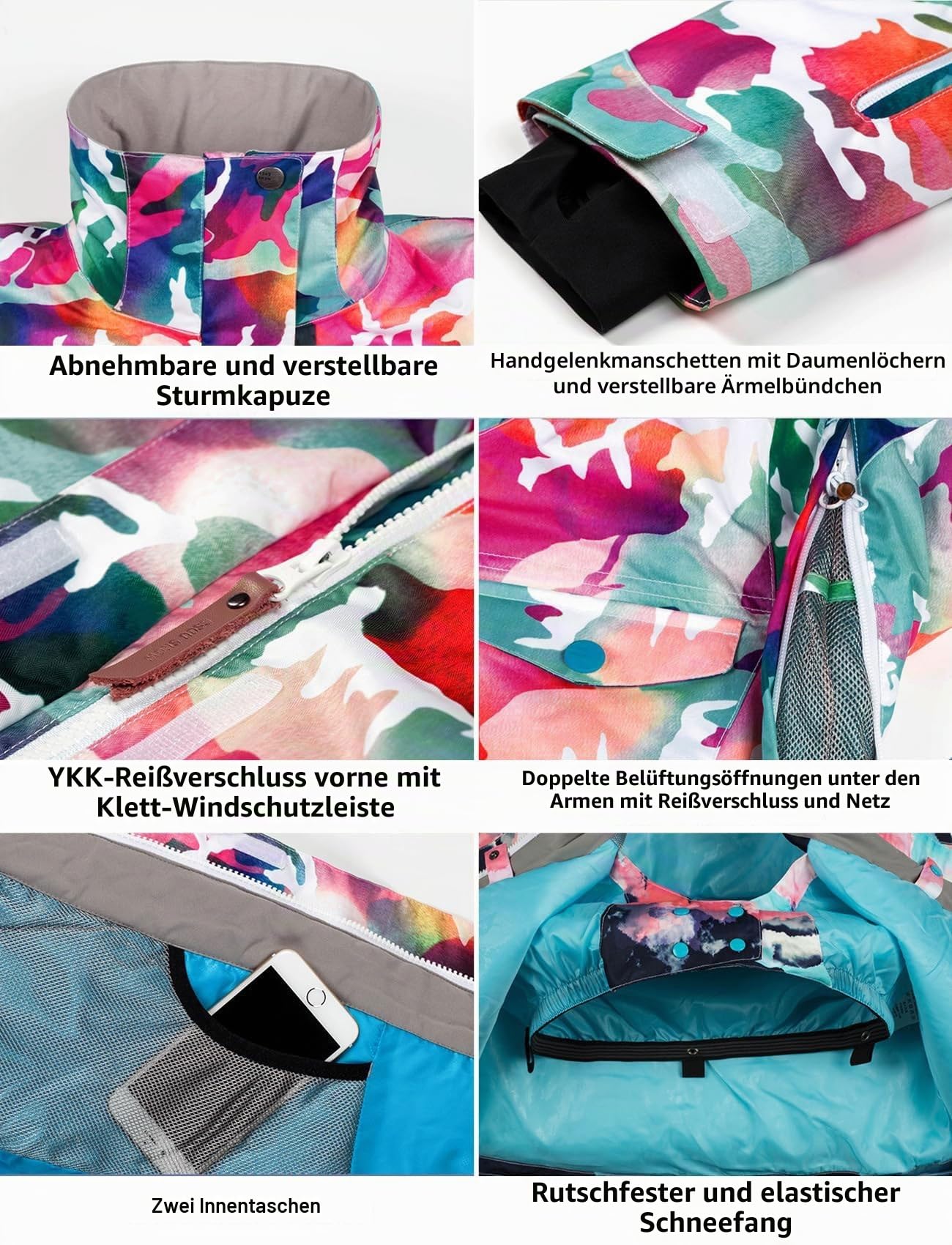 GSOU SNOW Damen Skianzug, zweiteiliges Set aus Skijacke und Skihose | 15.000 mm wasserdicht, 10.000 g atmungsaktiv, bunt bedruckt, abnehmbare Kapuze, Achselbelüftung, Schneefang für Schneesport
