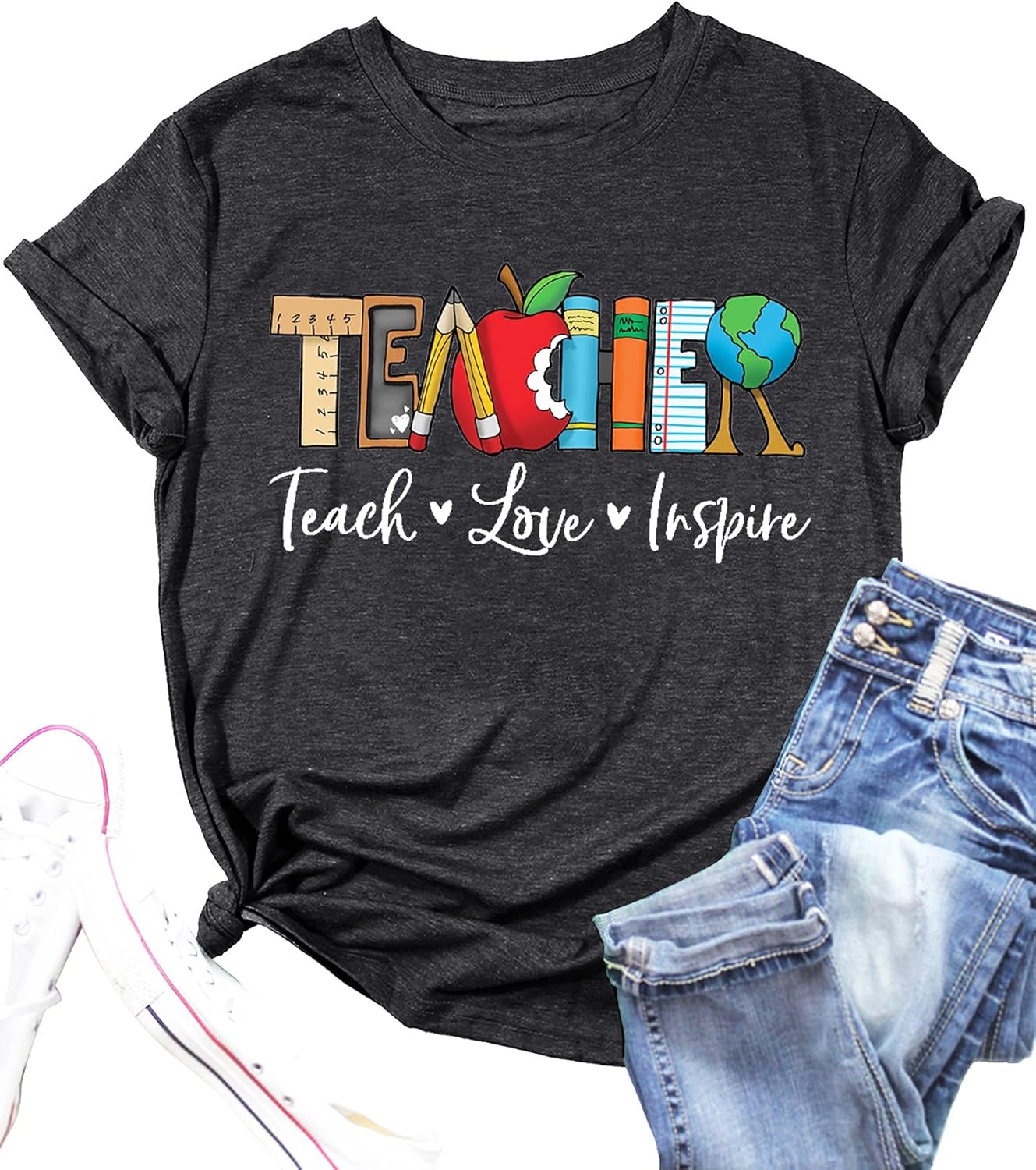 Teach T Shirt for Women Teacher Graphic Tees Tops Teach Inspire Letter Print Shirts Tops - Image 2