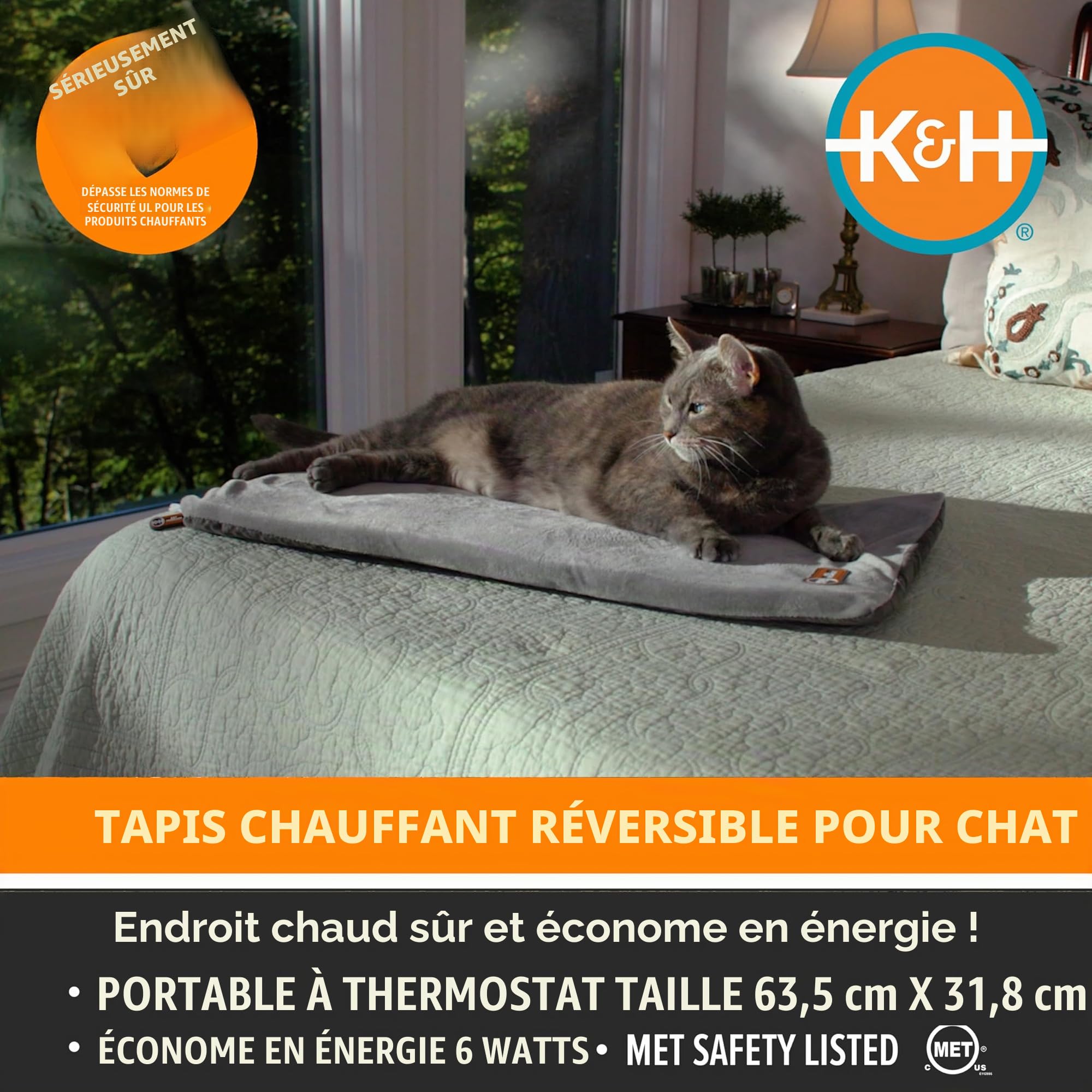 K&H Pet Products Tapis Chauffant pour Chat d'intérieur – Tapis Chauffant apaisant et Chaud pour Animaux de Compagnie – Lavable en Machine – Chauffage imperméable – Sécurité listée – 31,5 x 63,5 cm –