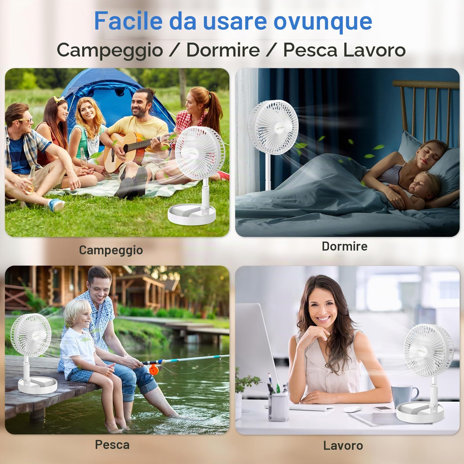 Ventilatore a Piantana Silenzioso Portatile, Ventilatore da Tavolo Alimentata Solare e a Batteria 5200mAh, Ventilatore da Scrivania Altezza Regolabile Pieghevole per Ufficio Casa Campeggio