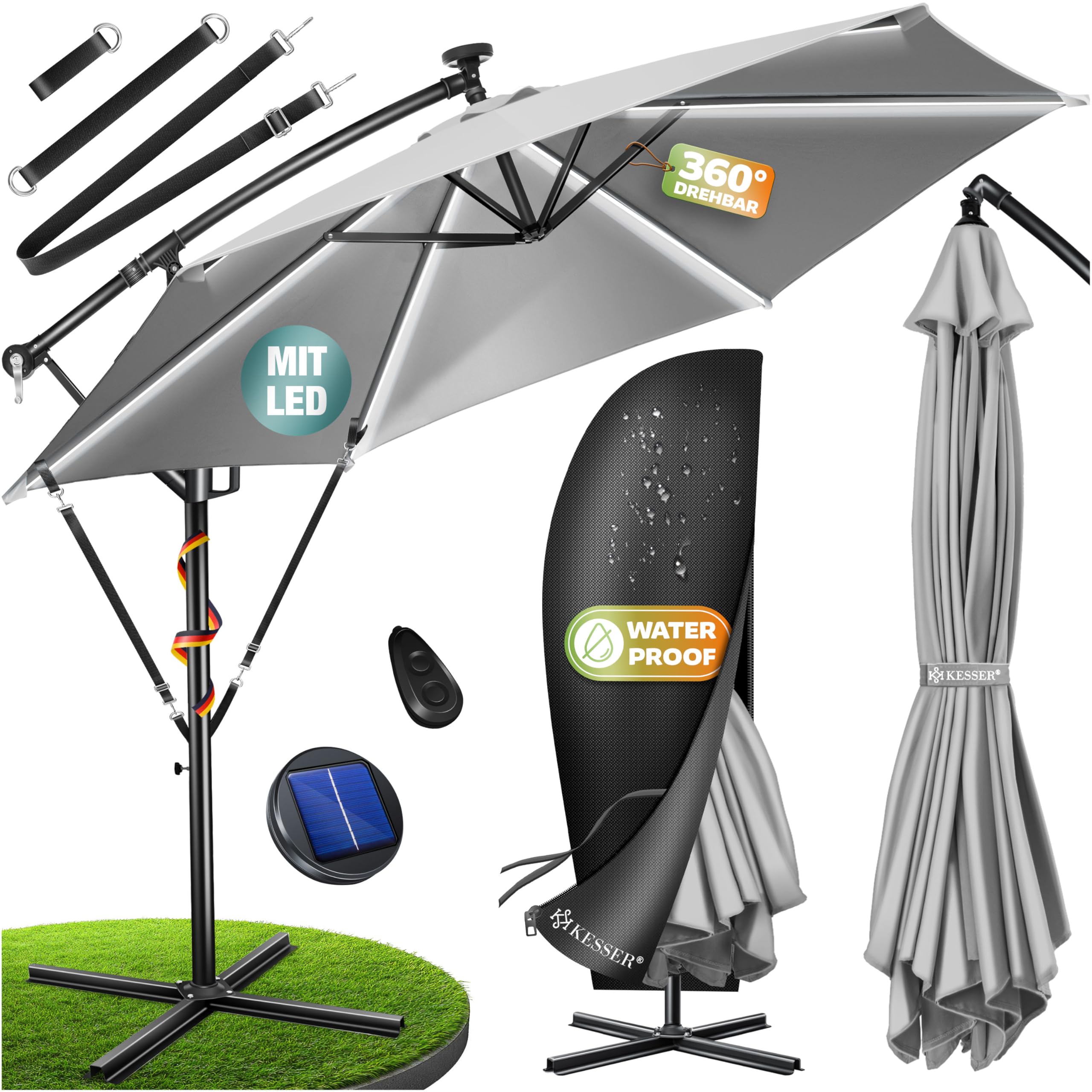 KESSER® Sonnenschirm Ø 350 cm mit LED Beleuchtung, Ampelschirm mit Kurbel, Garten, Sonnenschutz, Gestell & Ständer aus Alu, UV-Schutz, wasserdicht + Windfest, 360° Funktion + Schutzhülle, Hellgrau