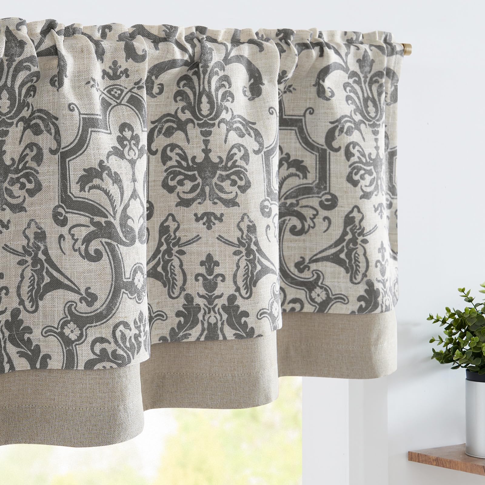 jinchan Linen Valance Curtain for Kitchen Vintage Damask Floral Blackout Valance Double Layer Gray Small Window Curtain for Living Room Bedroom