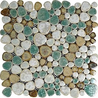 Glazed Ceramic Mosaic Tile, Porcelain Pebble Backsplash Tile, Bathroom Wall and Floor Tiles - Blue/Cream/Coffee (Box of 11 Sheets)