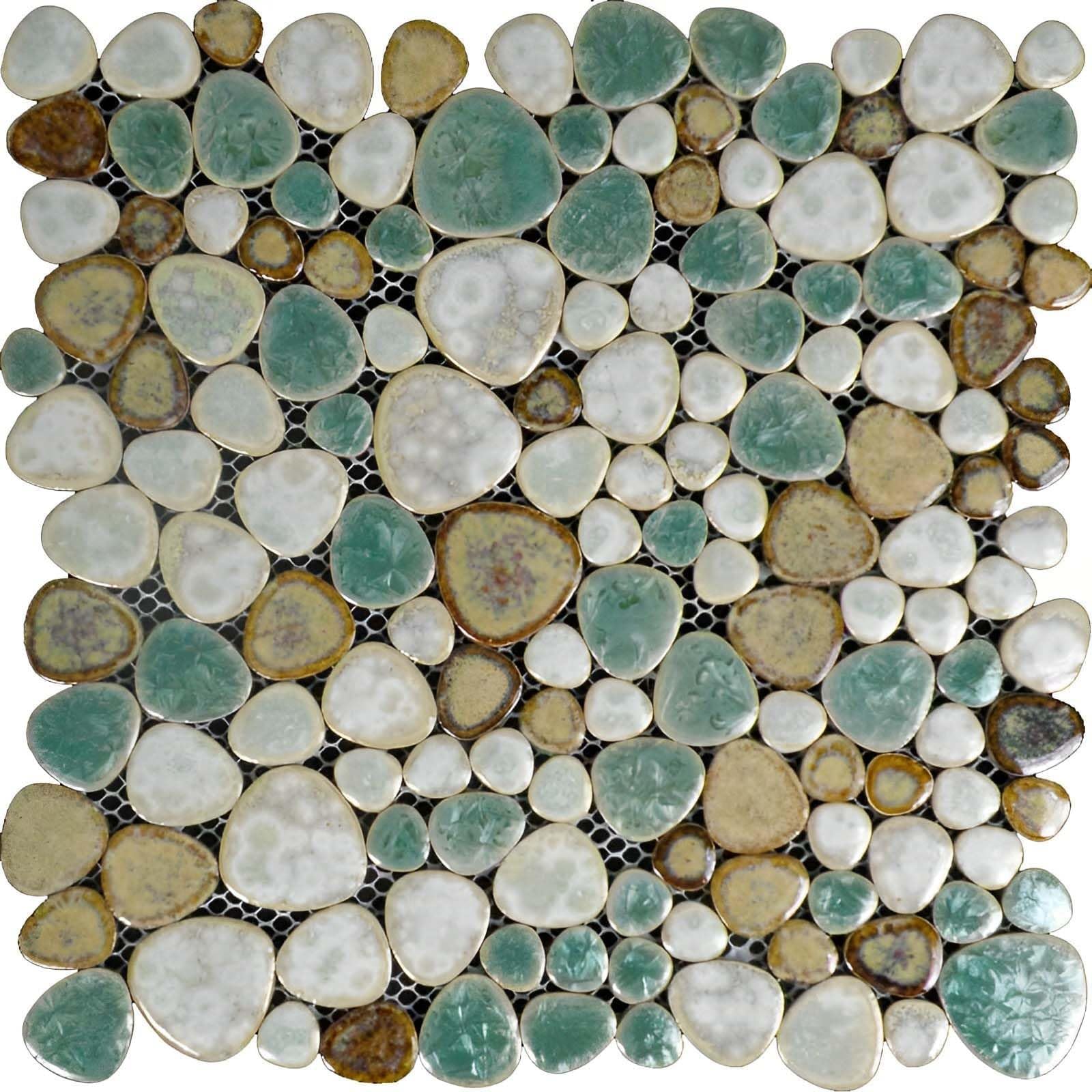 Hominter 11-Sheets Glazed Ceramic Pebble Backsplash Wall Tiles, Bathroom Porcelain Floor Tile - Blue/Cream/Coffee PPT009