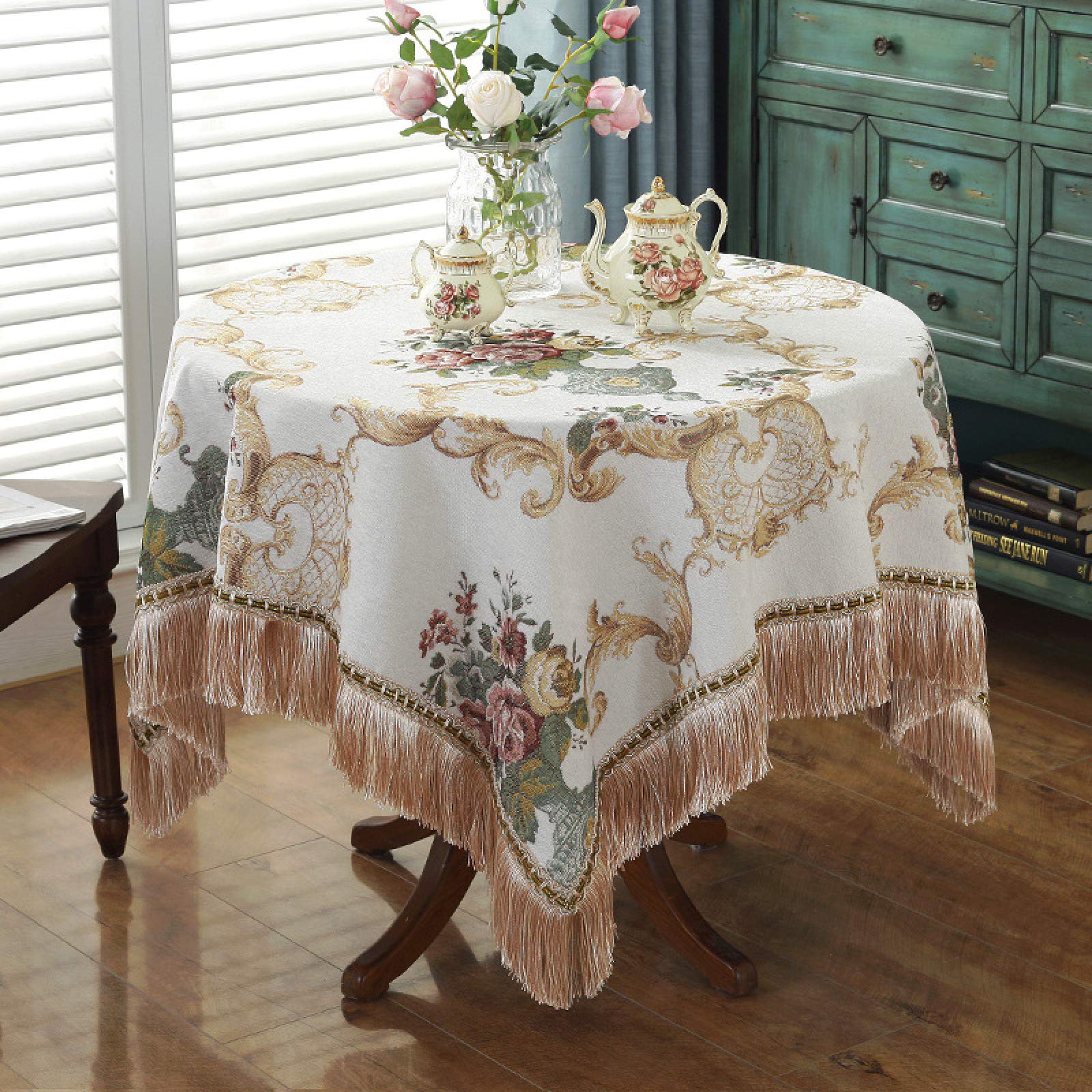 Vintage Style Khaki Round Chenille Table Cloth with Fringed Lace Washable Table Cover for Kitchen Dining Party 70.86 inch Diameter — image 1