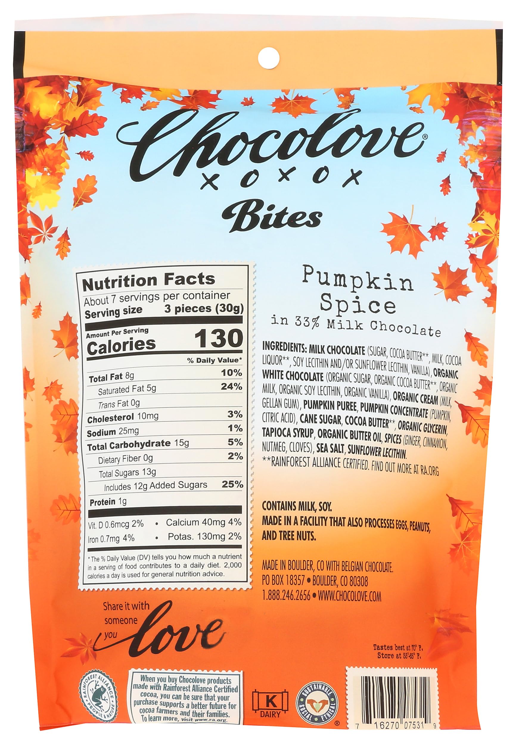 Amazon.com : Chocolove Pumpkin Spice Milk Chocolate Bites, 7.05 OZ