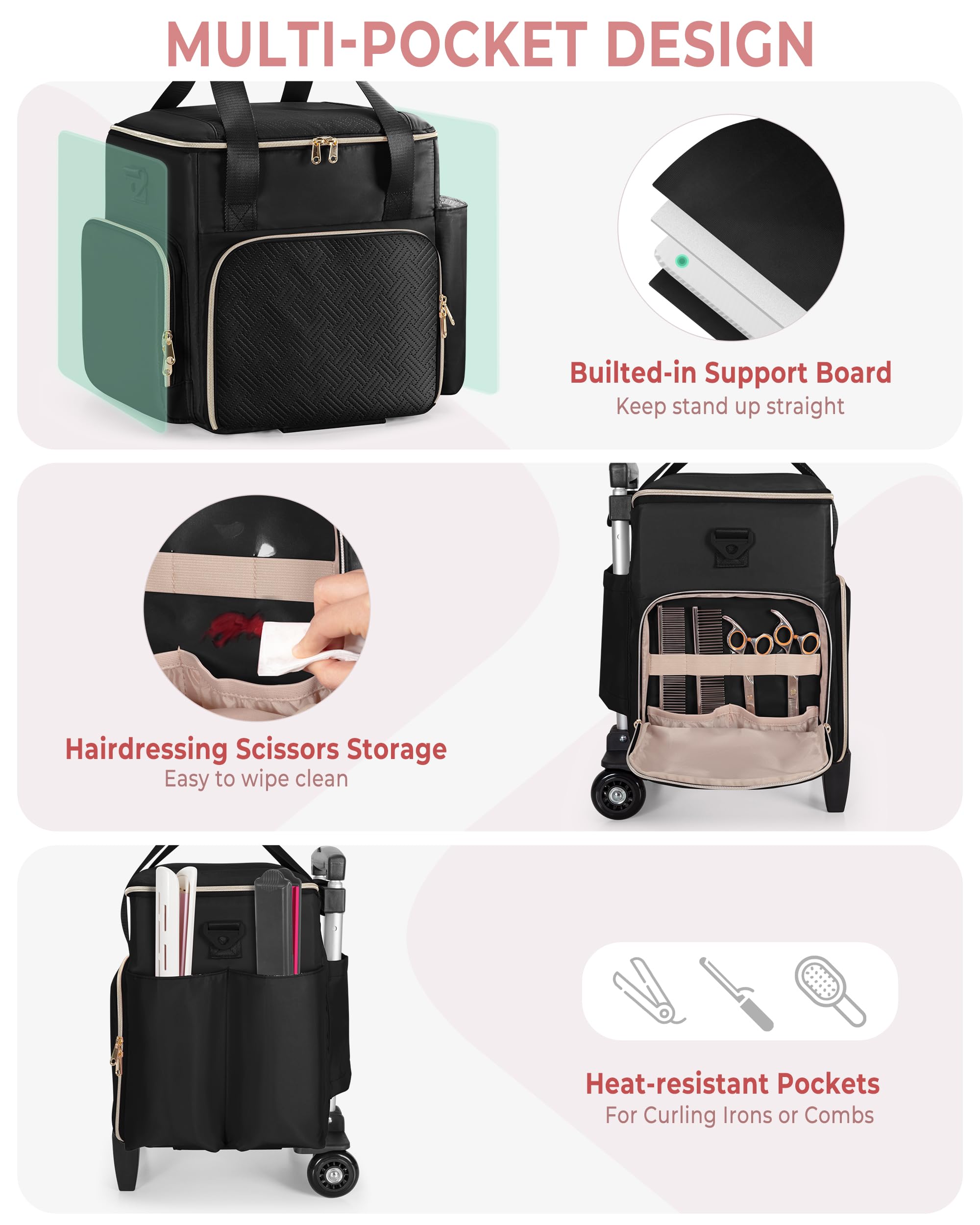 Borsa Trolley da Viaggio per Parrucchieri, Borsa Porta-Attrezzi con 2 Pochette Rimovibili e Strato Termoisolante, Valigia su Ruote per Cosmetica e Make-up, Nero