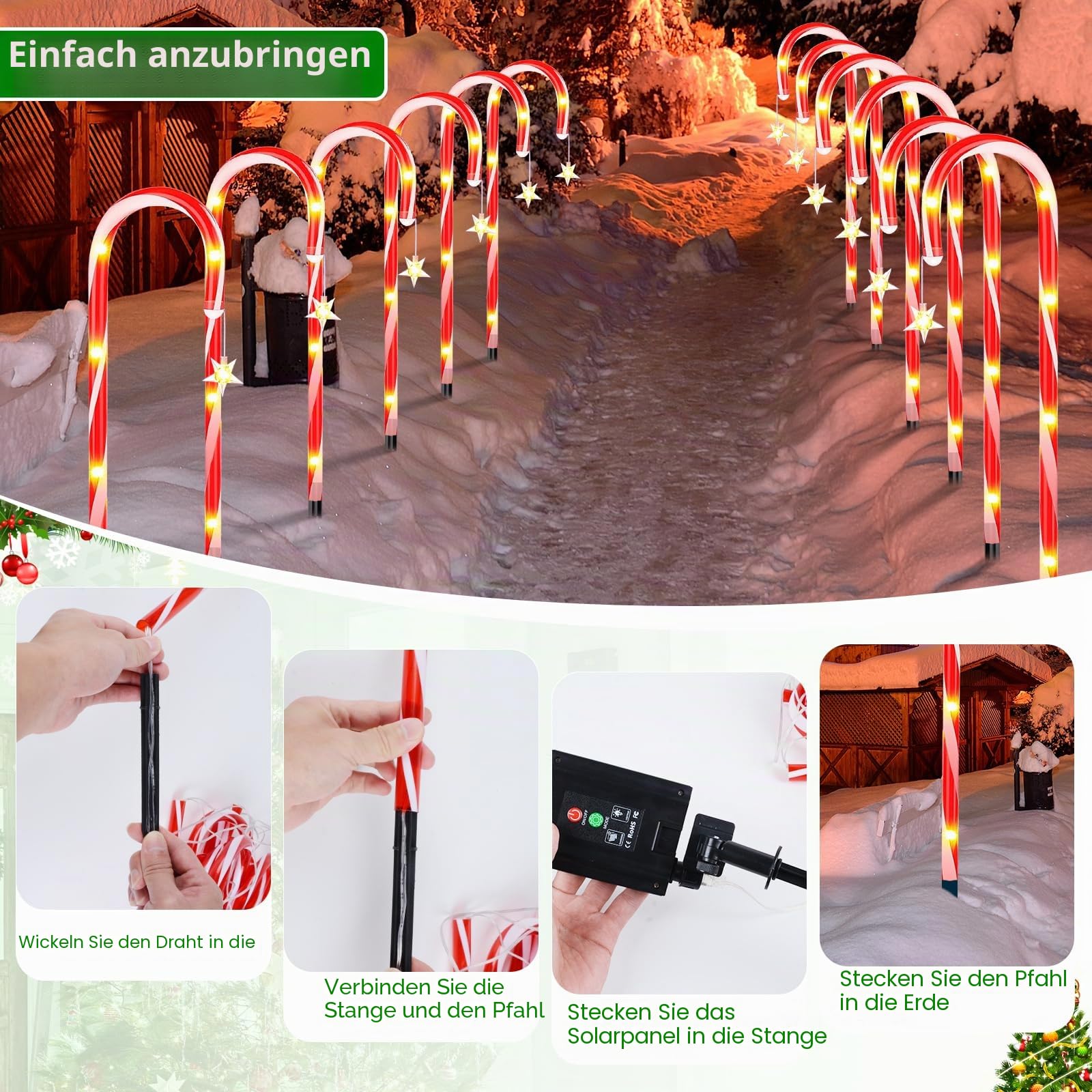 Solar Weihnachten Zuckerstangen Lichterketten, 12 Stück 72 LED Candy Cane Lichter Weihnachtsdeko, 8 Modi Solar Weihnachts Lichter Aussen, Wasserdicht Solarleuchten Garten Deko für Weihnachtsweg Rasen