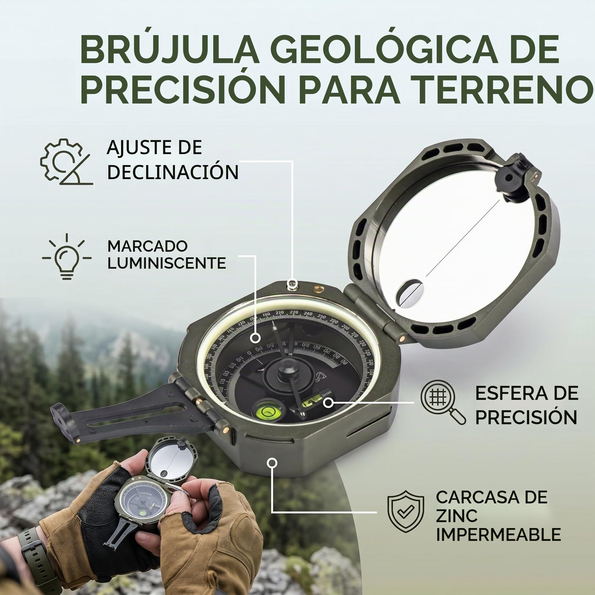 Brújula, geológico de alta precisión Brújula fluorescente impermeable, adecuado para la investigación geológica Orientar