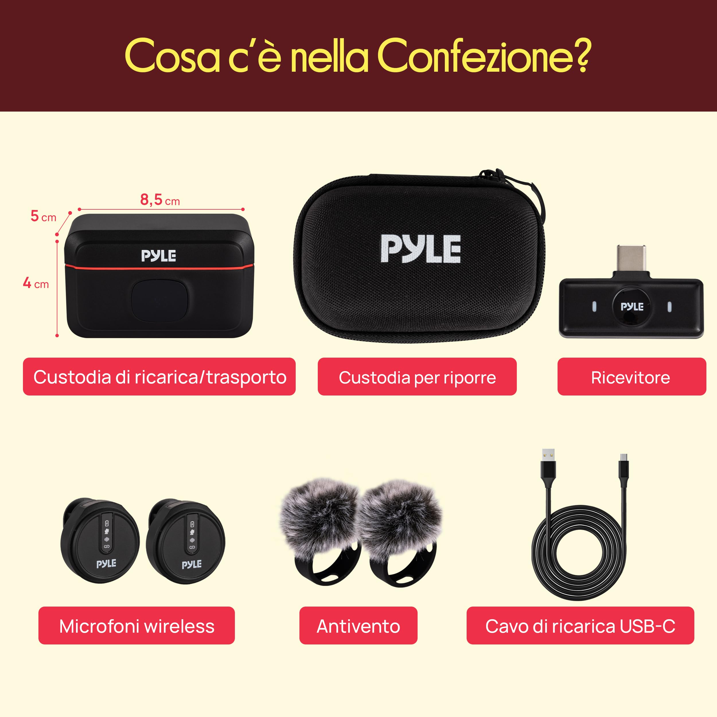 Pyle Microfono Wireless Lavalier USB-C, Clip-On Magnetico Antirumore, Batteria 8h, Custodia Ricarica, per la Registrazione Video, Vlogging Streaming, Microfono per Video Social, Podcast Interviste
