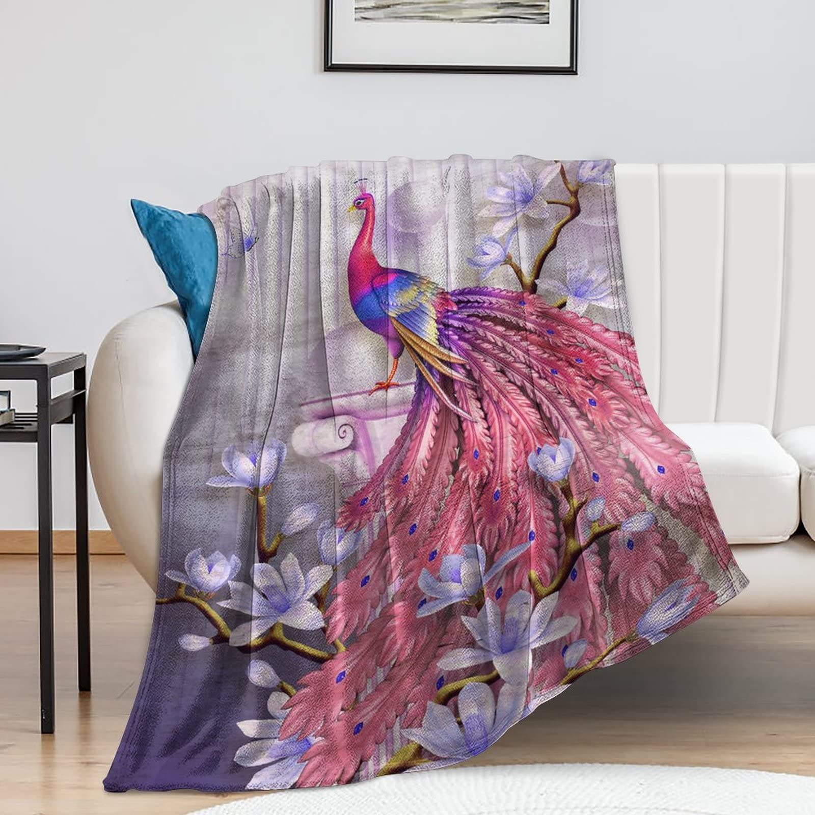 Couverture en polaire paon grand format 152x203 cm, plaid doux toutes saisons