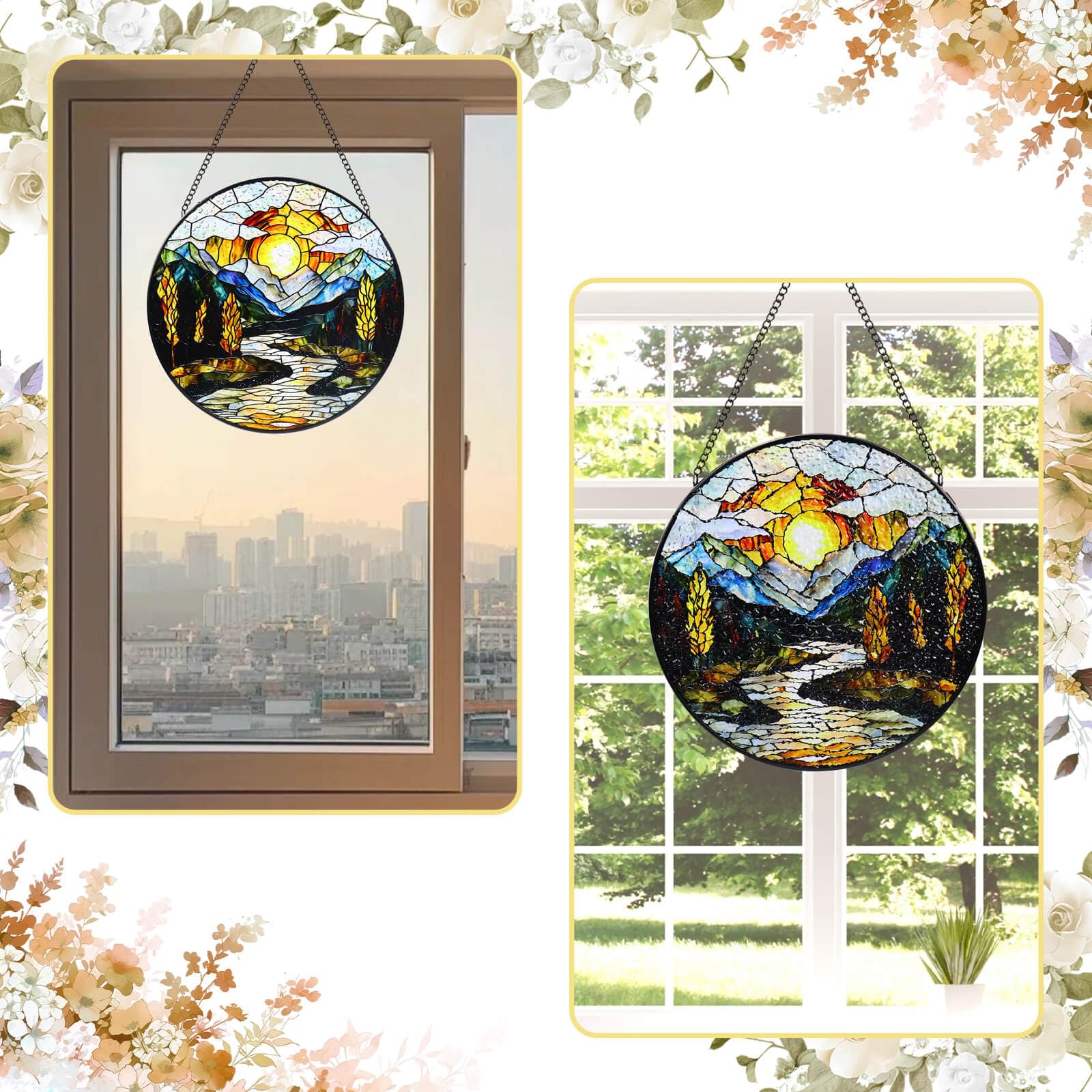 Buntglas-Fensterbehang, 20,3 cm, Sonnenuntergang, Berge, See, Baum, Sonnenfänger, Diamantglasscheibe, Landschaft, Sonnenfänger für Heimdekoration, Geschenk für Frauen, Ehefrau, Mutter, Weihnachten