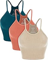 ODODOS Women's Seamless Rib-Knit Crop Camisole Tank Tops 3-Pack - Soft, Stretchy Layering Essentials