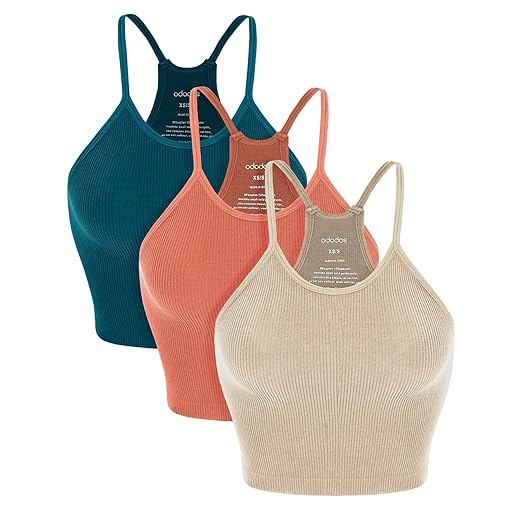 ODODOS Women's Crop Camisole 3-Pack Washed Seamless Rib-Knit Crop Tank Tops, Long Crop, Beige Coral Teal, X-Small/Small