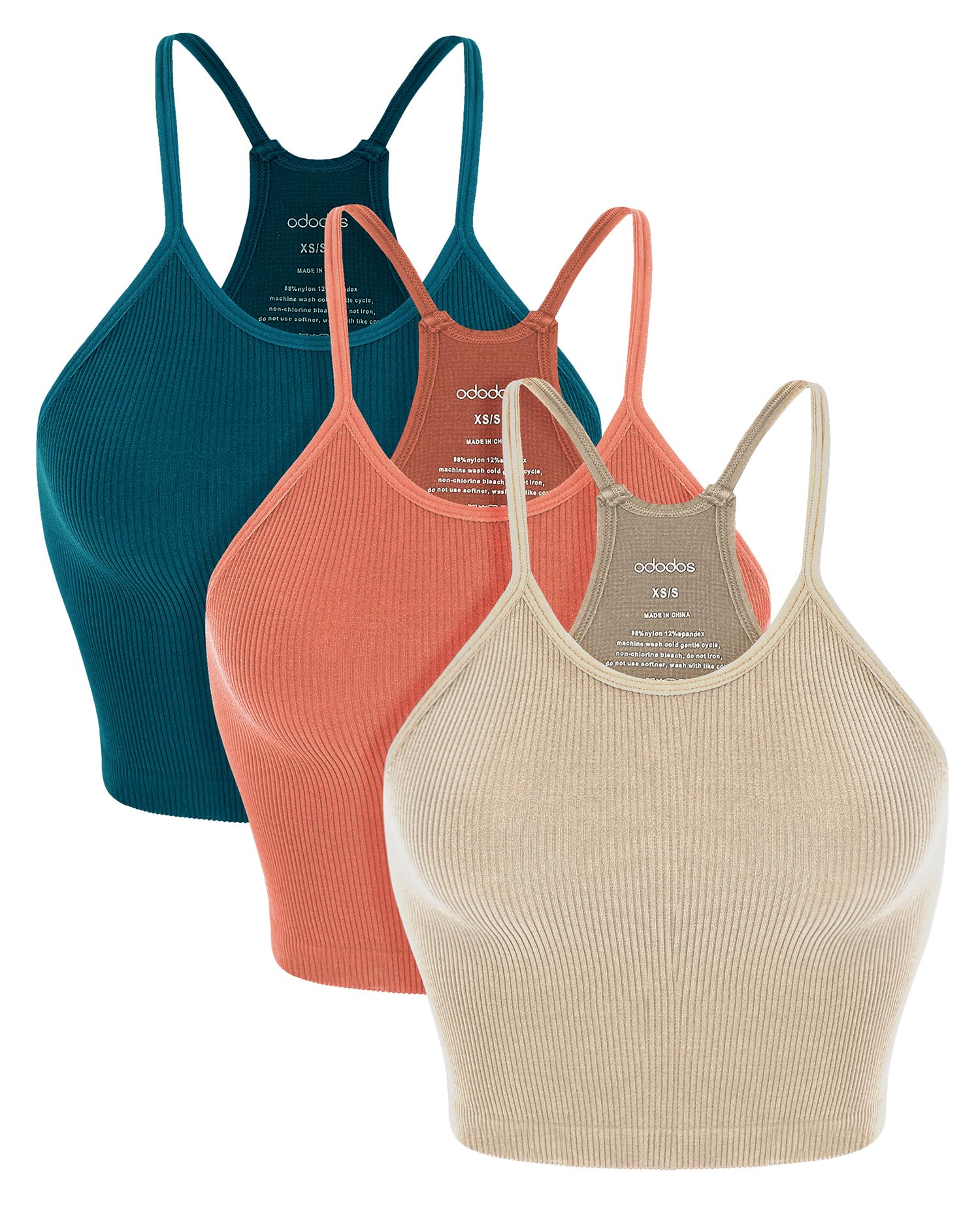 ODODOS Womens Crop 3-Pack Seamless Rib-Knit Camisole Crop Tank Tops