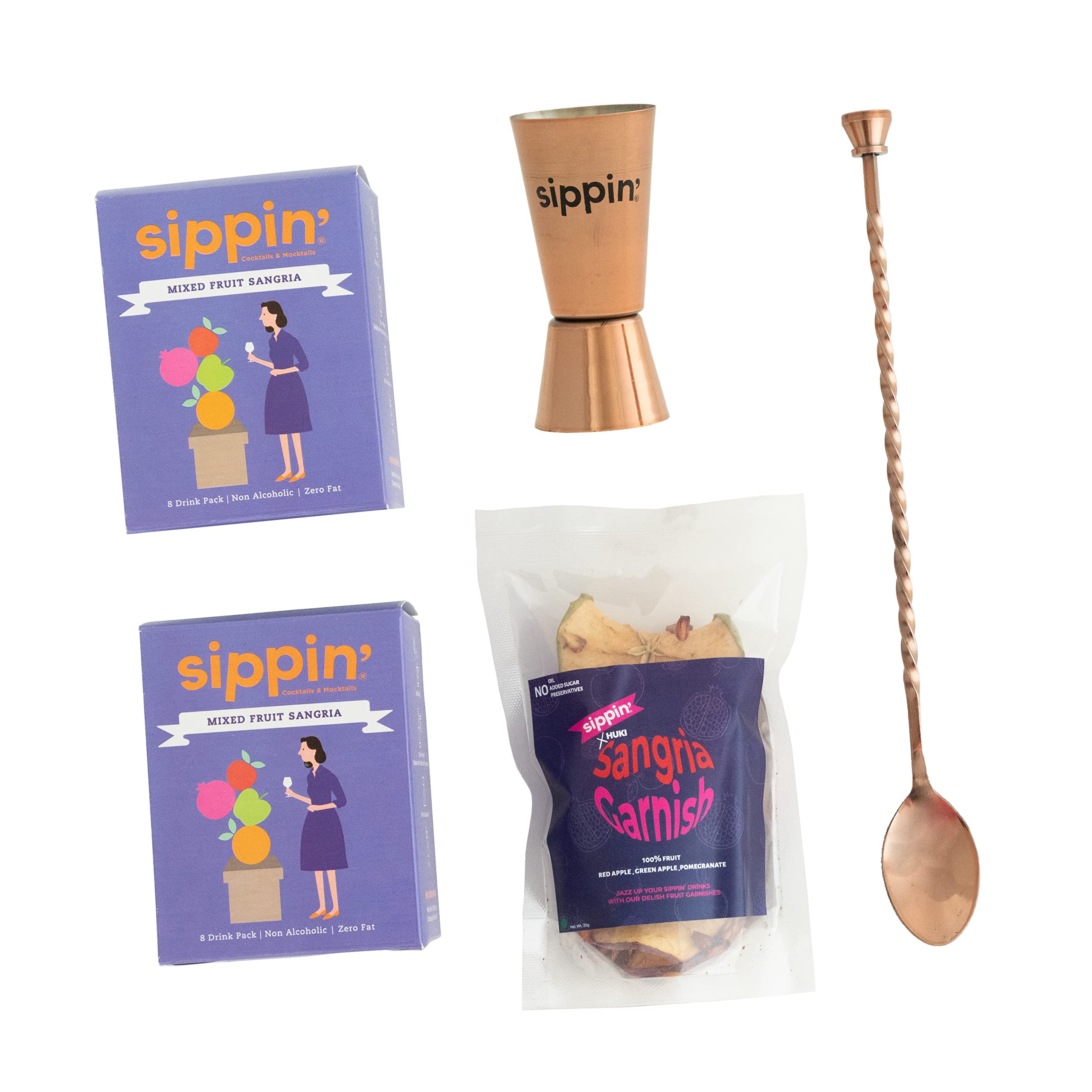 Sippin’ Sangria Date Night Combo Pack- Mixed Fruit Sangria Cocktail/Mocktail Mixers (16 single-serve drink mixes), Stainless Steel Bar Spoon, Peg Measurer (30/60ml), Sangria Garnish Pack- Party Pack