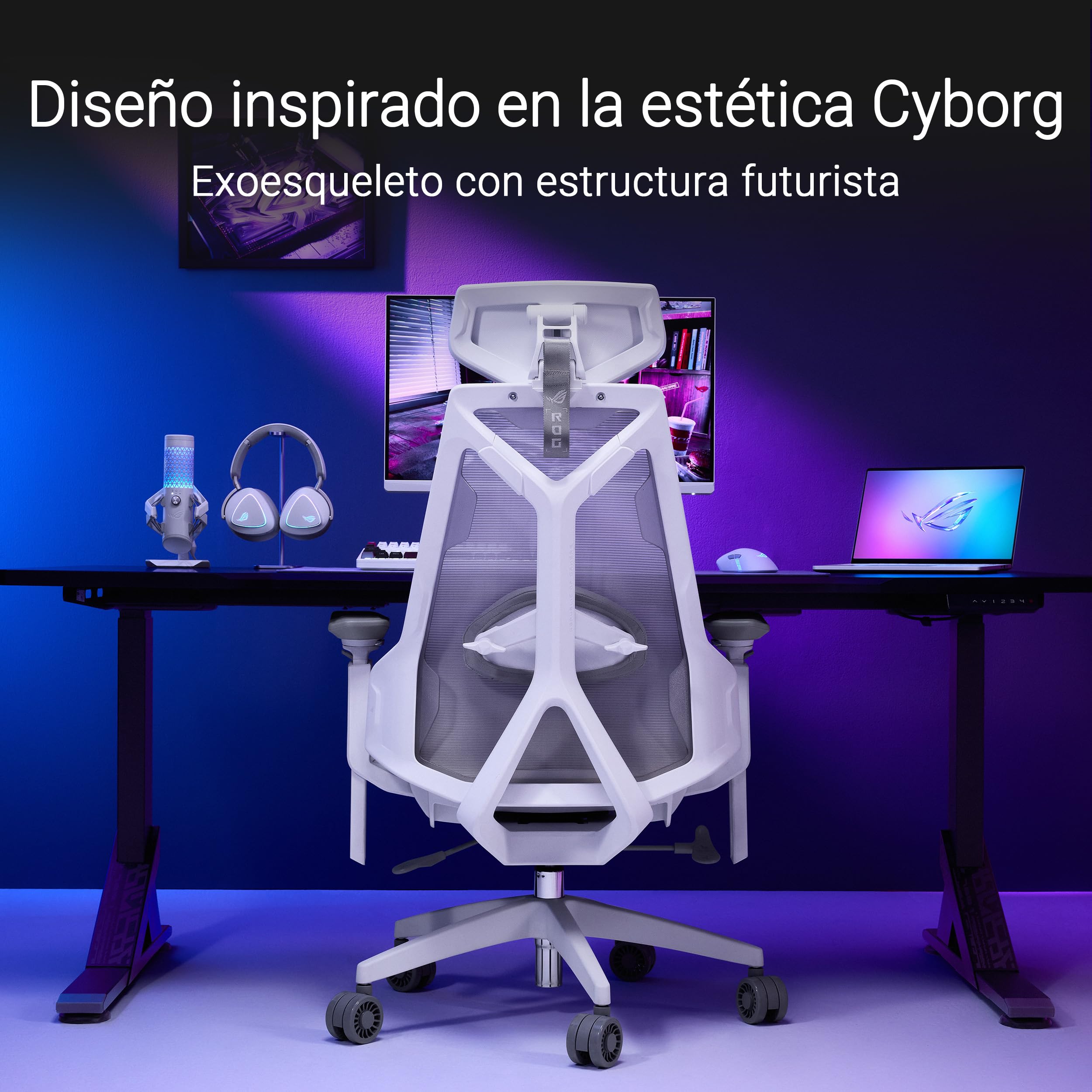 ASUS ROG Destrier Core Silla Gaming ergonómica, reposacabezas 2D, Soporte Lumbar, reposabrazos 3D para Gaming móvil, Profundidad y Altura Ajustables, reclinación en 3 Posiciones, Blanco Lunar