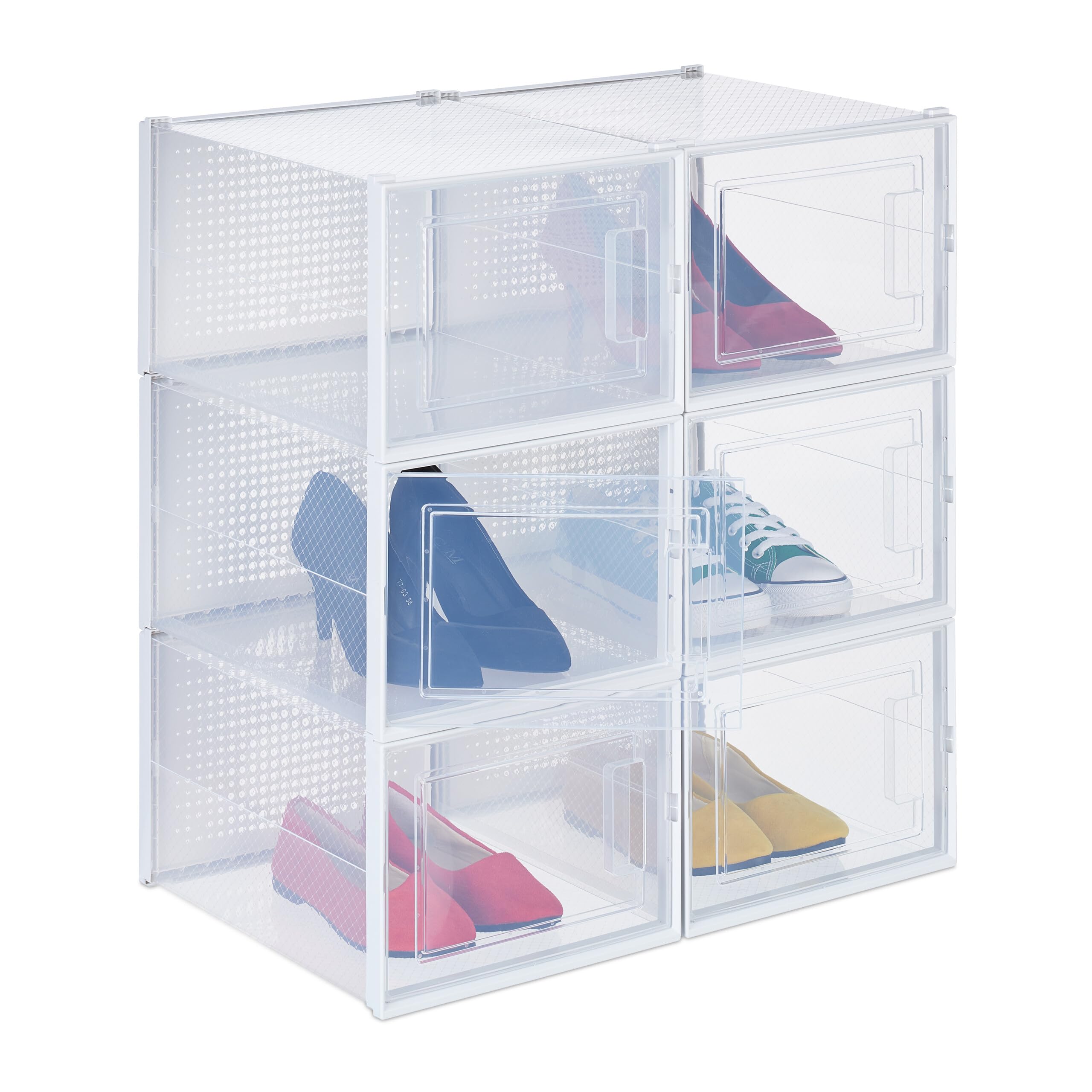 Relaxdays 6X Shoe Box, Footwear Organiser, Stackable, Plug-in, Size 48, Ventilation Slots, 21 x 28 x 36 cm, Transparent