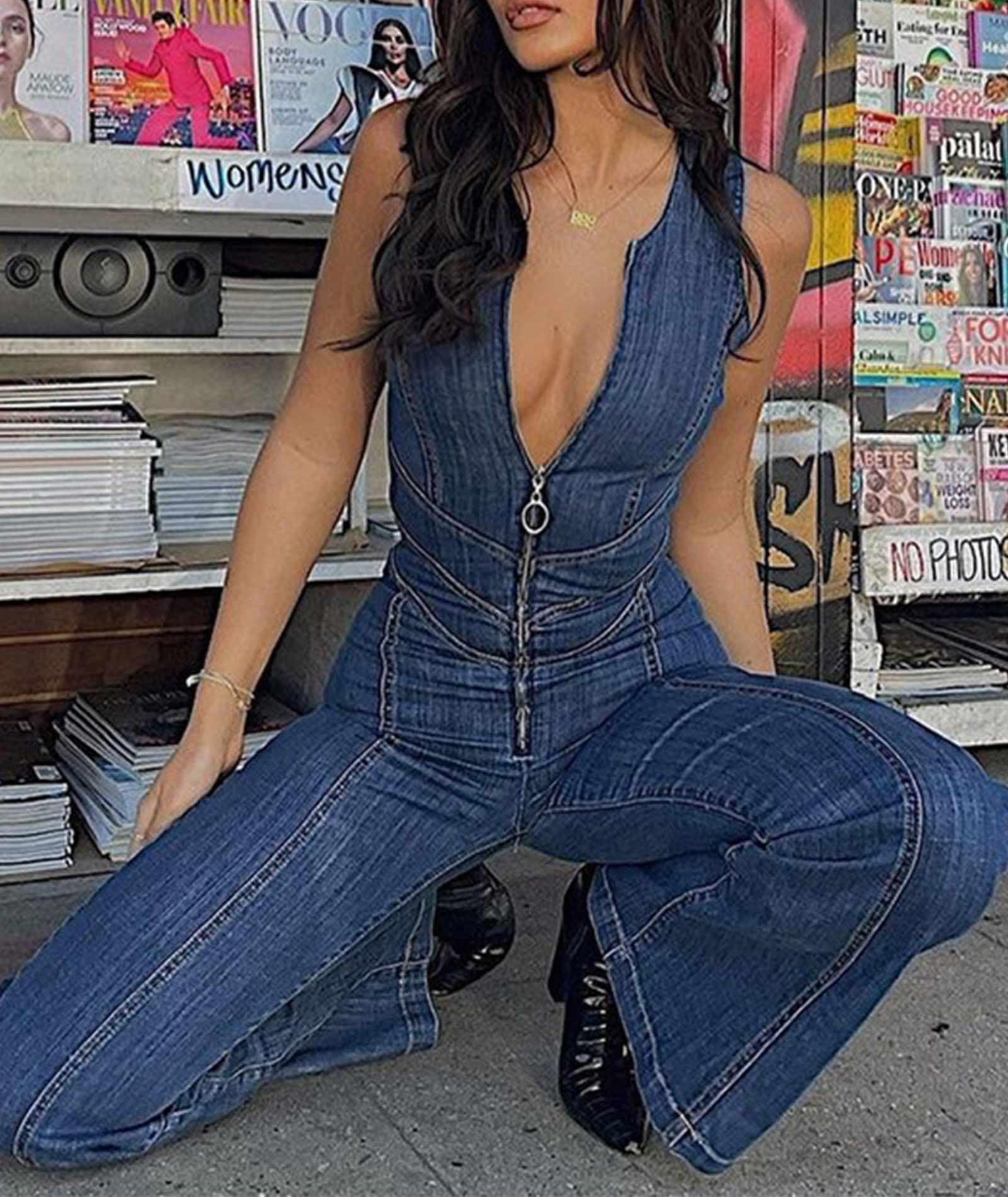 Combinaison en denim pour femme - Fermeture éclair sur le devant - Col en V profond - Sexy - Sans manches