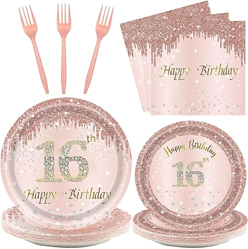 Miniatura 1 de Juego de 24 platos y servilletas, tenedores, suministros de fiesta para cumpleaños de 16 años, regalos desechables para fiesta de cumpleaños de 16