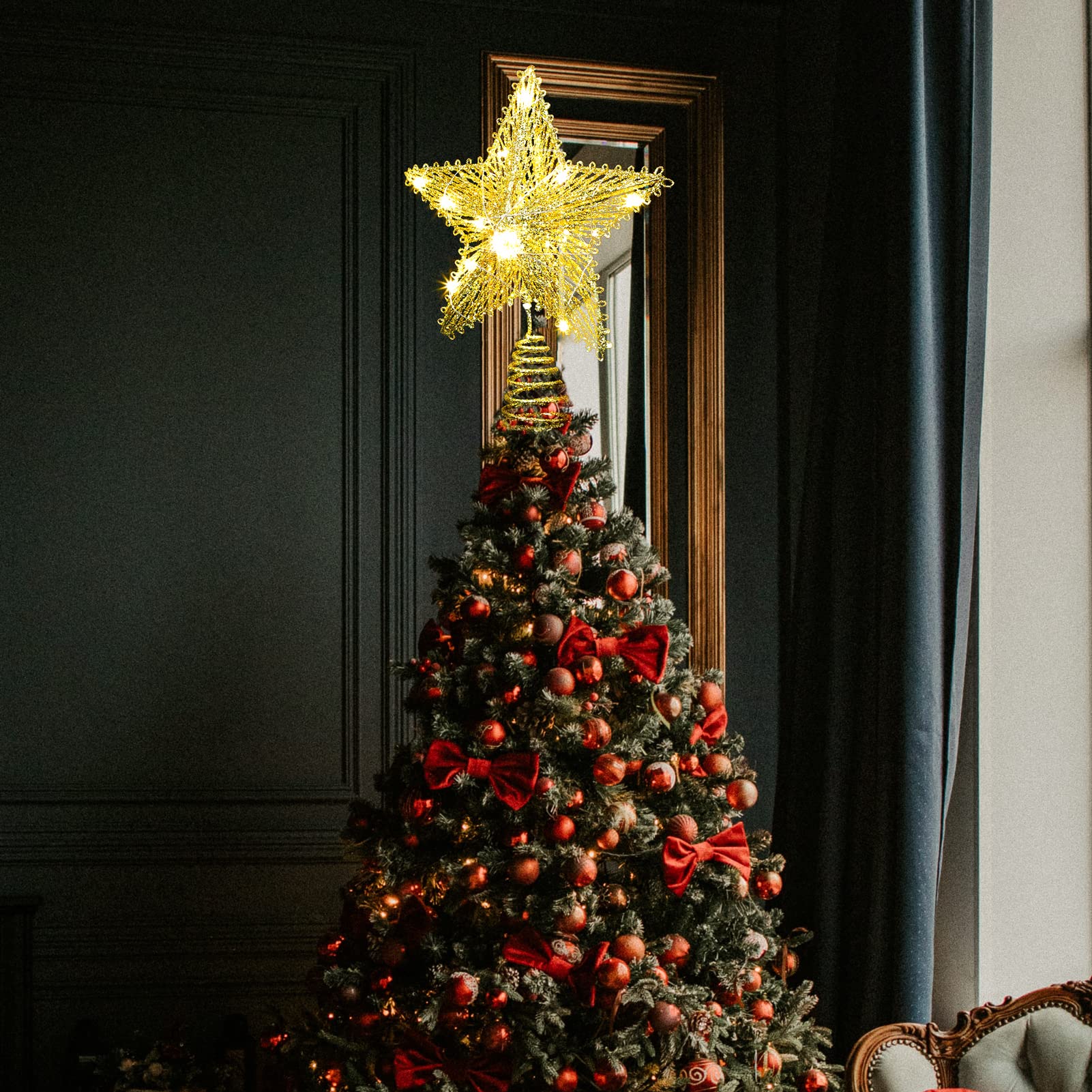 Cimier de sapin de Noël en forme d'étoile à paillettes dorées - Blanc chaud - 20 lumières - Fonctionne à piles avec minuteur - En métal creux - Pour sapin de Noël de 0,9 à 1,8 m