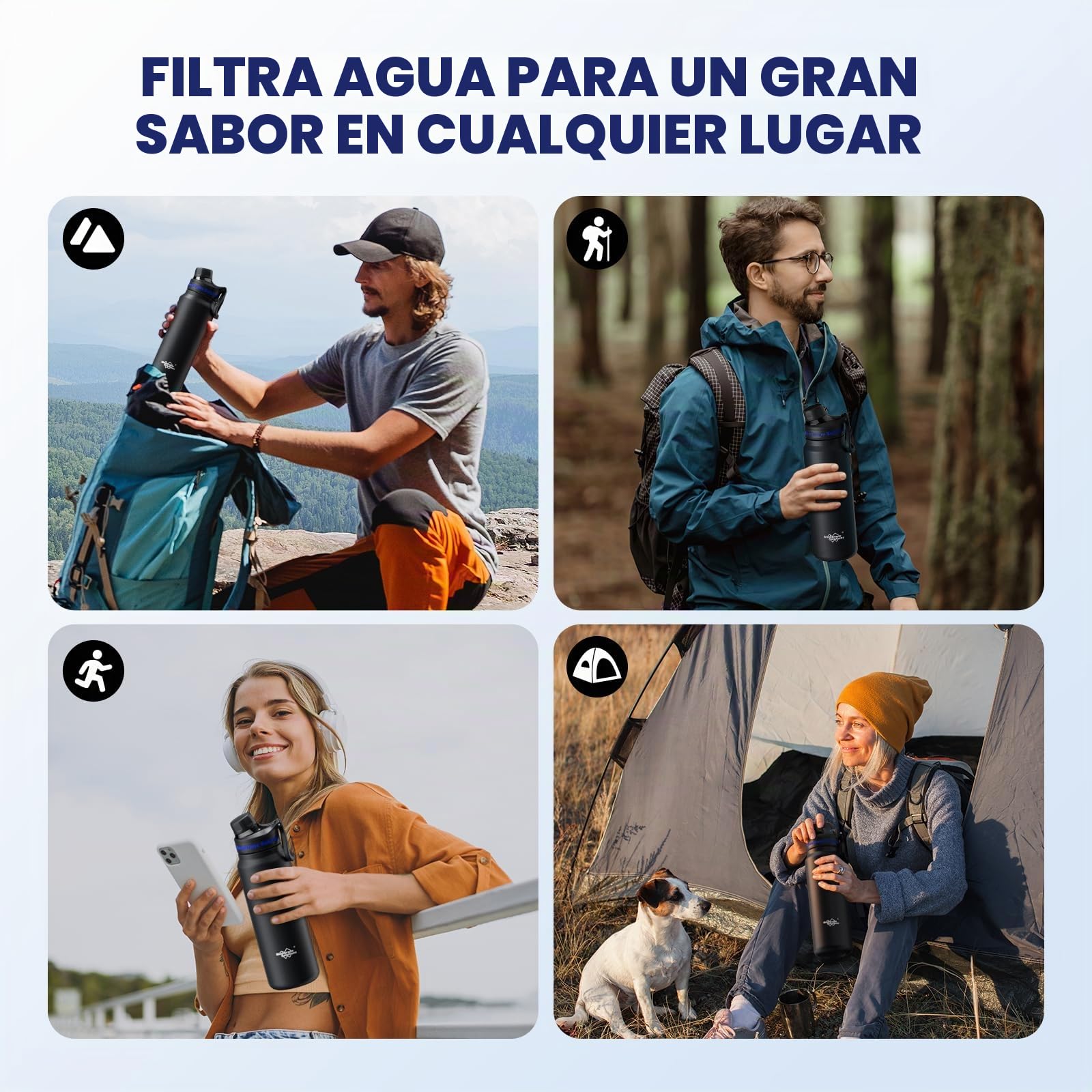 Membrane Solutions Botella de Filtro de Agua Supervivencia de Acero Inoxidable 900 ml (32 oz), Cartucho de Filtro ACF + UF, Elimina el 99,9999% de E.coli, Precisión de 0,1 μm, Emergencia, Negro