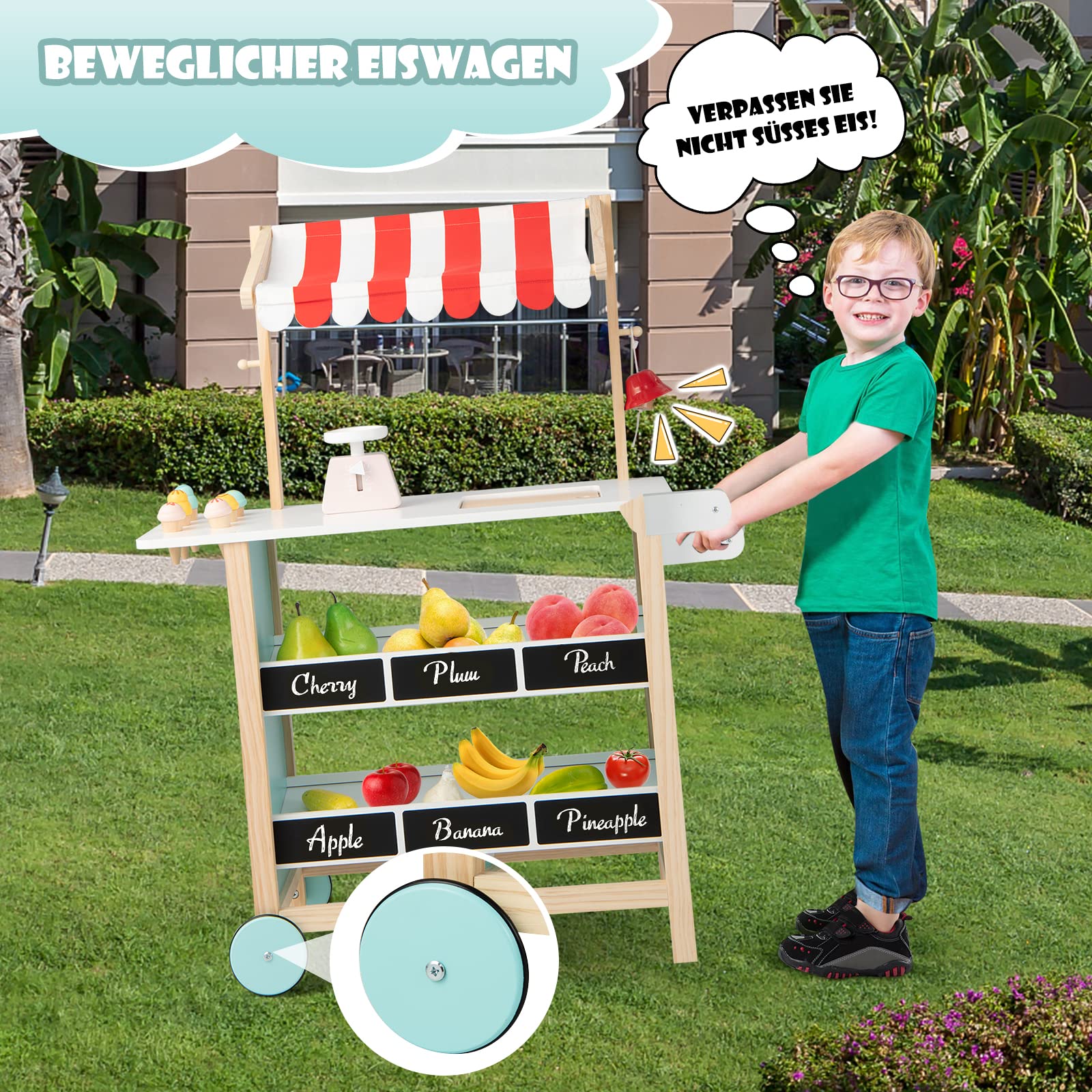 COSTWAY Kinder Eiswagen mit 6 Eiscreme, Kaufladen Holz mit 2 Ablagen, Einkaufswagen auf Rollen, inkl. Waage und Glocke, für Kinder ab 3 Jahrn (Rot)