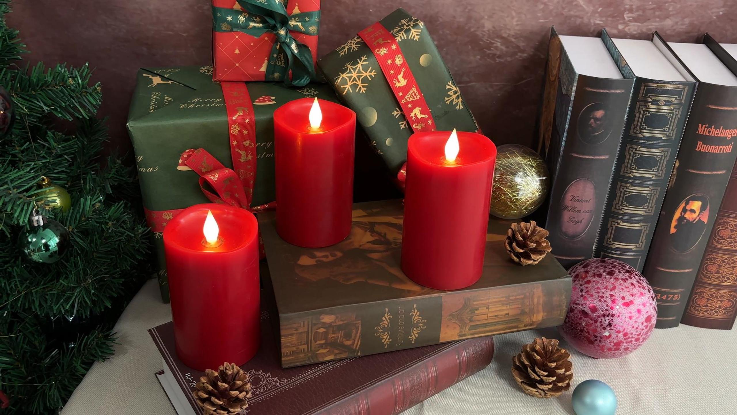 Image of 3x5 Flickering Flameless Candles Set of 1, 2AA Battery Life 600 Hours Battery Candles Flickering with Timer,5 inch Flameless Candles with Remote for Indoor /Outdoor, Red