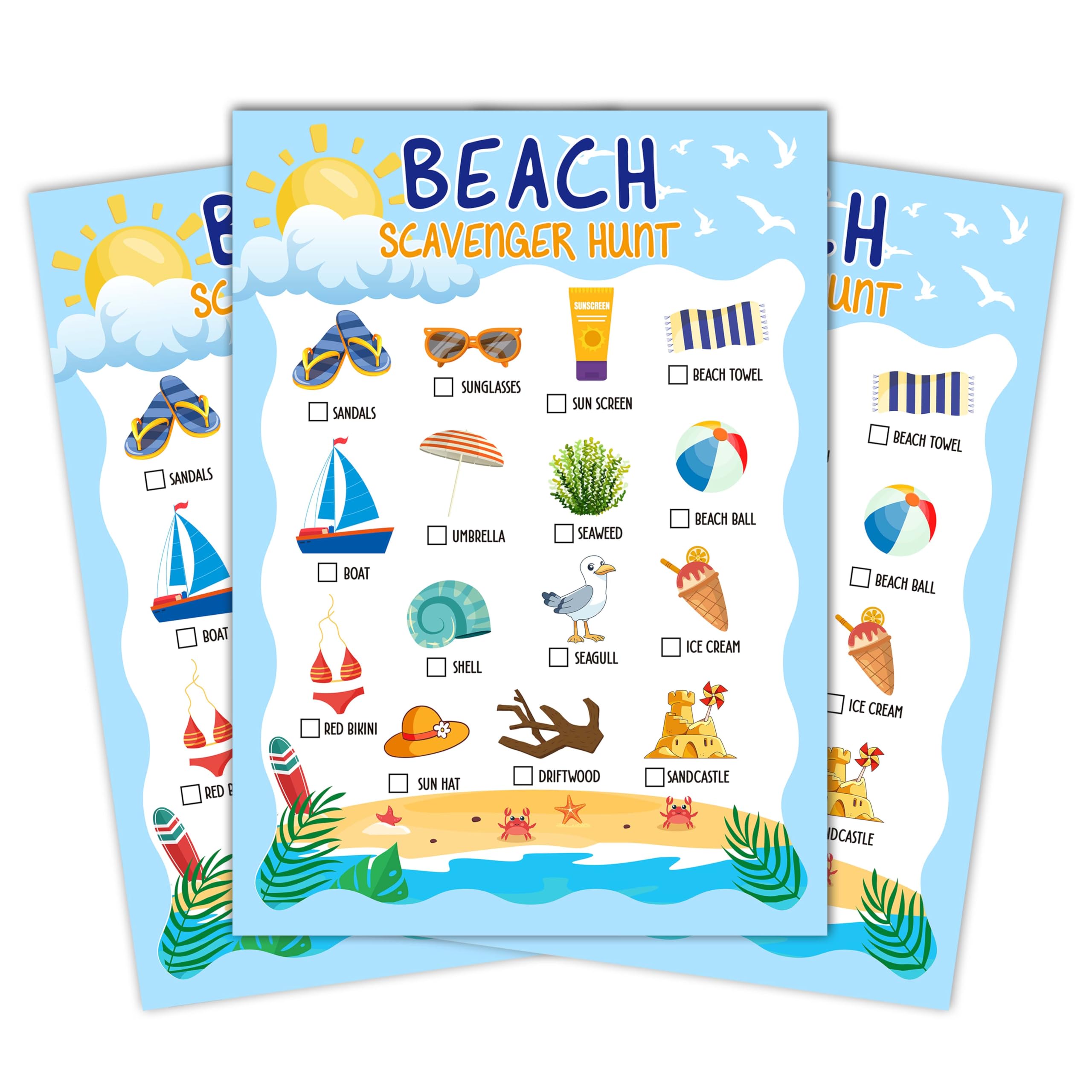 HMJKL Beach Scavenger Treasure Hunt Game Cards, Outdoor Nature Scavenger Hunt Games, Summer Holiday Birthday Party Supplies Activities(25 Game Cards),