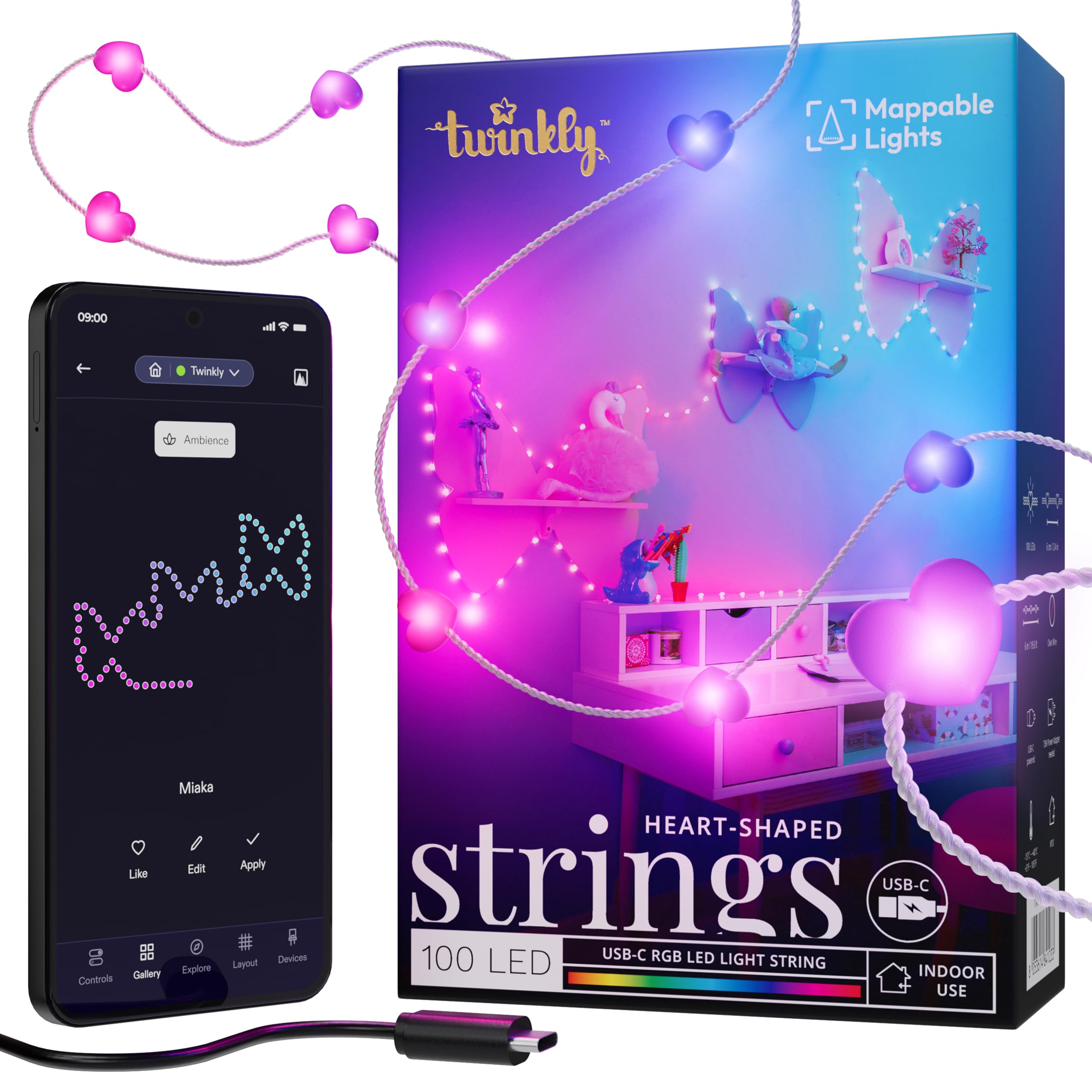 Twinkly Strings USB-C Heart 100 LED, Heart-Shaped LED Light String, Christmas Lights, RGB Multicolor LED Lights, Mappable LEDs, Compatible with Alexa, Google Home, USB-C Power, Transparent Wire, 6m