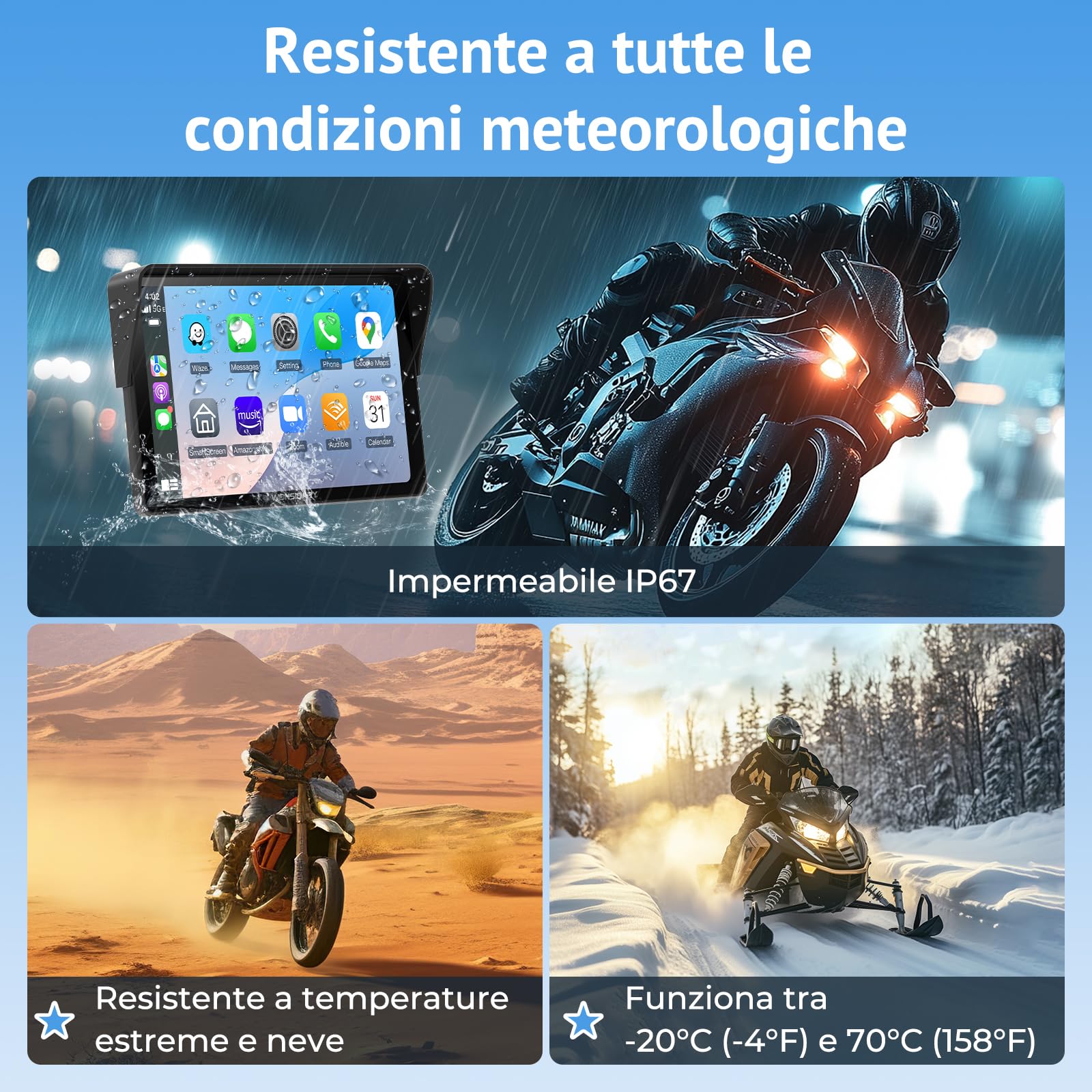 Senza Fili Schermo Carplay Per Moto,Navigatore Moto da 7 Pollici per CarPlay e Android Auto,Navigatore GPS Impermeabile IP67 con Sensore di Luce,Doppio Bluetooth,Siri/Assistente G00gle,EQ