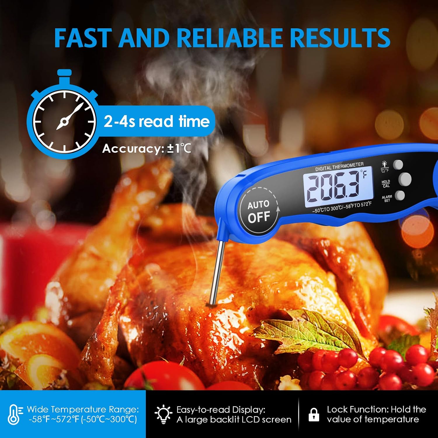 (New Version) Meat Oven Safe Thermometer, Dual Probe Cooking Thermometer, Instant Read Food Thermometer with LCD Backlight and Alarm Function for Candy, BBQ, Oven, Smoker Grill (Battery Included)