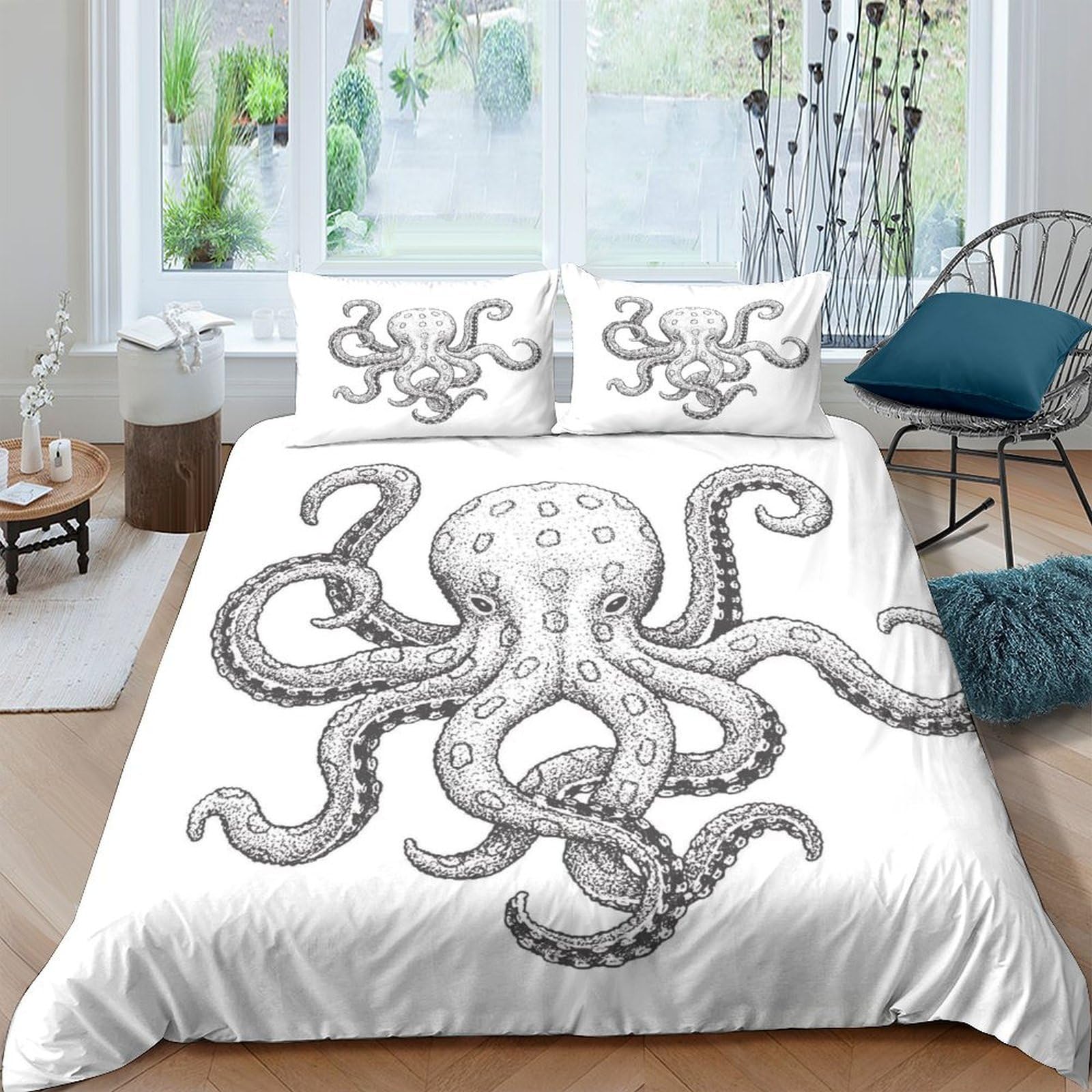 Ctjqhvkz Style-8 3D Printed Octopus Illustration Fitted Sheet Microfiber Soft Breathable Vintage Sea Mattress Cover For Bedroom Home Decor Single（135X200cm）