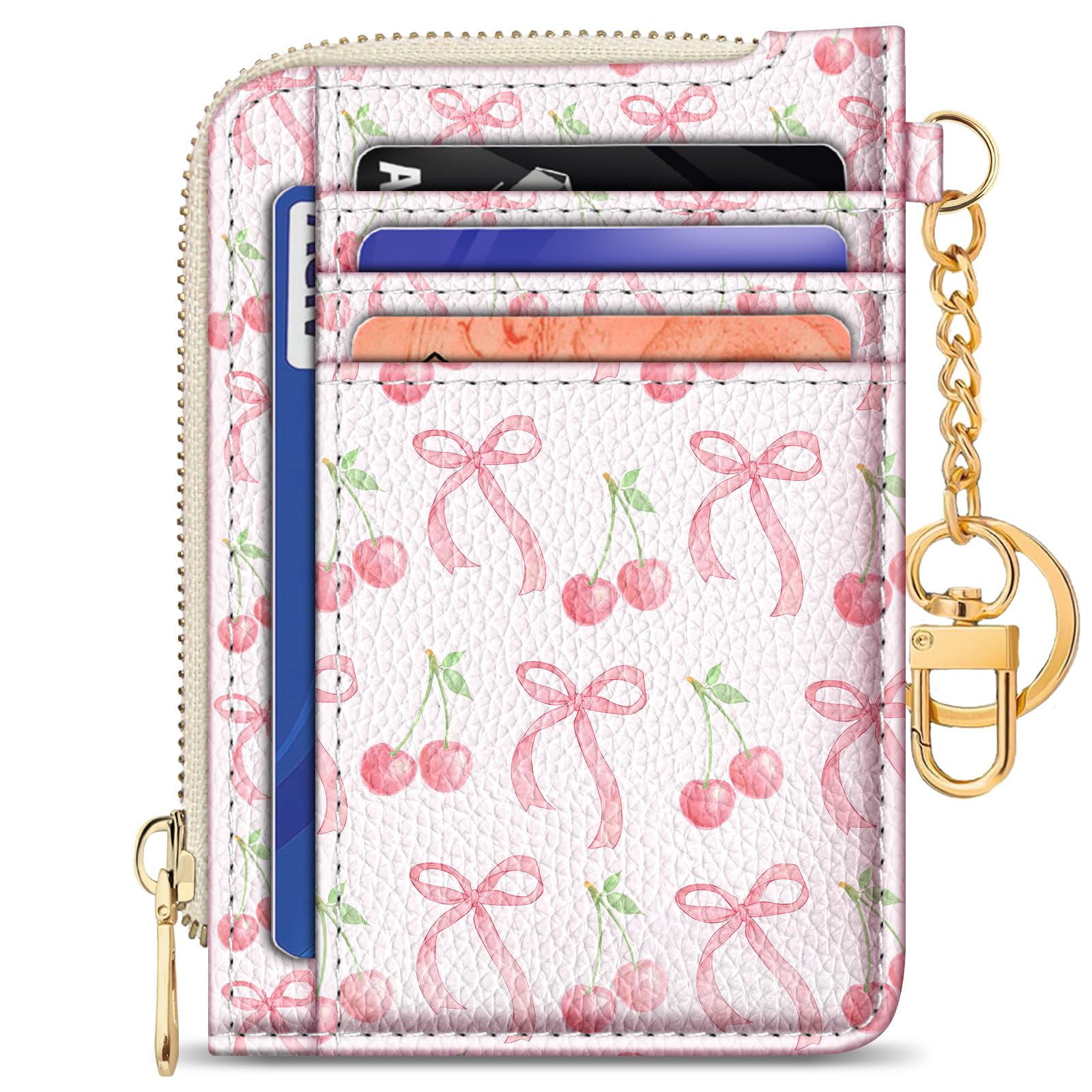 GIANCOMICS Slim Wallet Credit Card Holder Women, Cute Bow Rfid Small Card Case, Keychain Thin Pocket Curved Zipper Wallet, Travel Card Holder PU