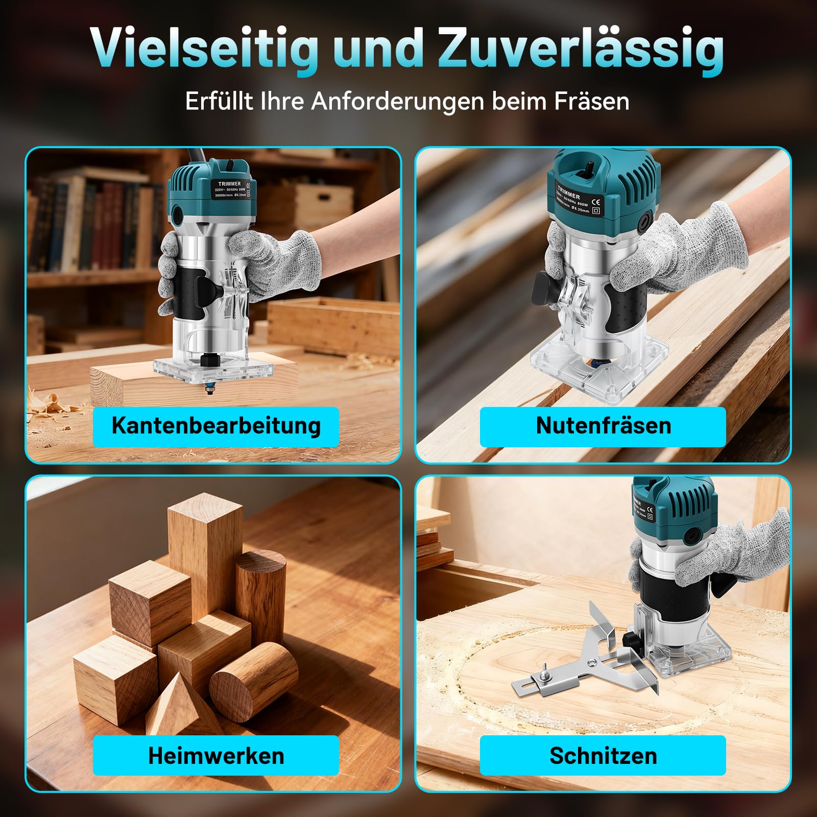 Oberfräse Kantenfräse Einhandfräse, 800W 30000 U/min Elektrischer Holzfräser Trimmer, Multifunktionsfräse mit 15 Stück 6,35mm Fräser Set für Holz, Transparente Basis| Aluminiumgehäuse