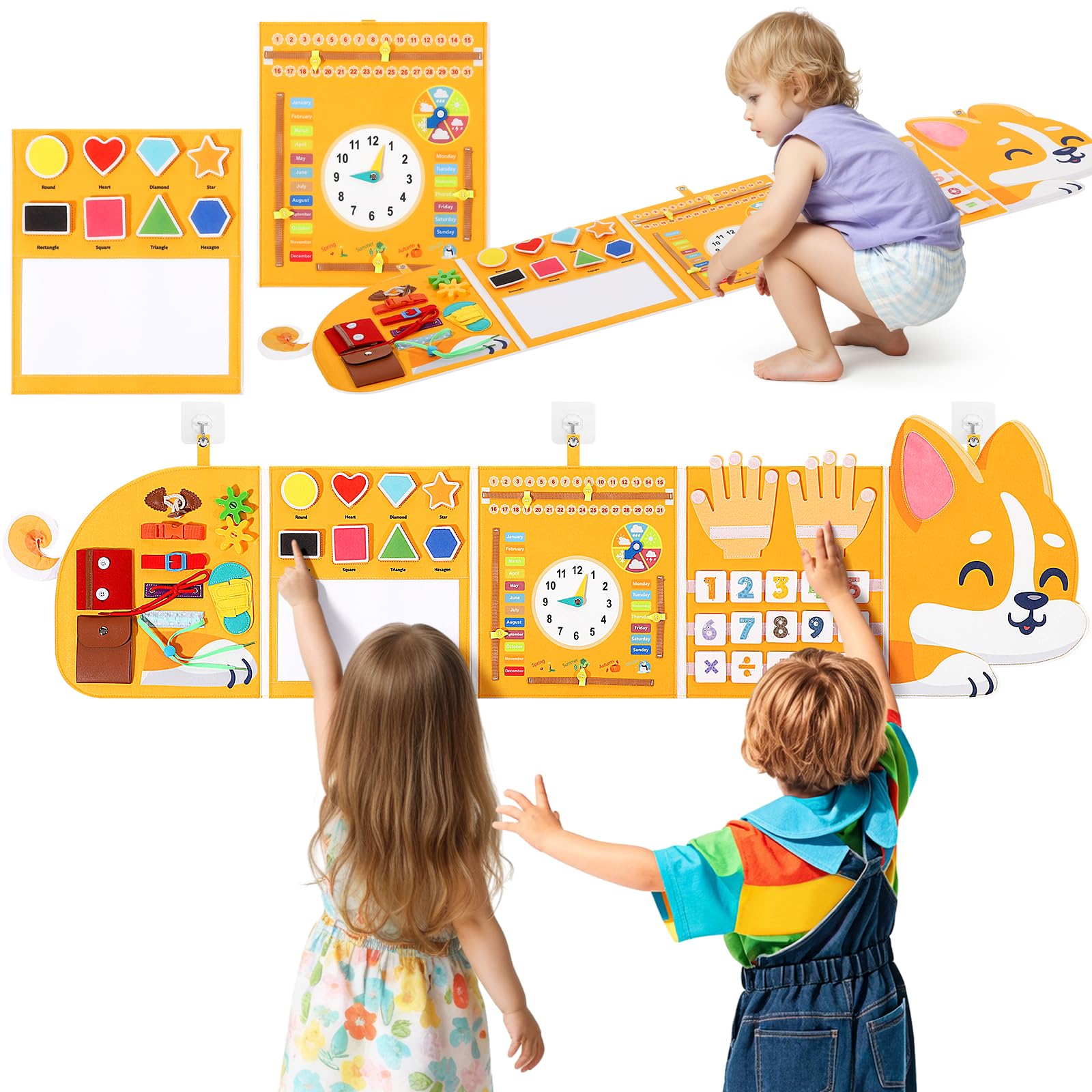 Joyibay Corgi Montessori Busy Board for Toddlers 3-6 Yrs, 14-in-1 Sensory Wall Toy with Calendar Clock Drawing Board, Portable Felt Activity Panel Kid Interactive Toy Ideal Dog Lover Gift