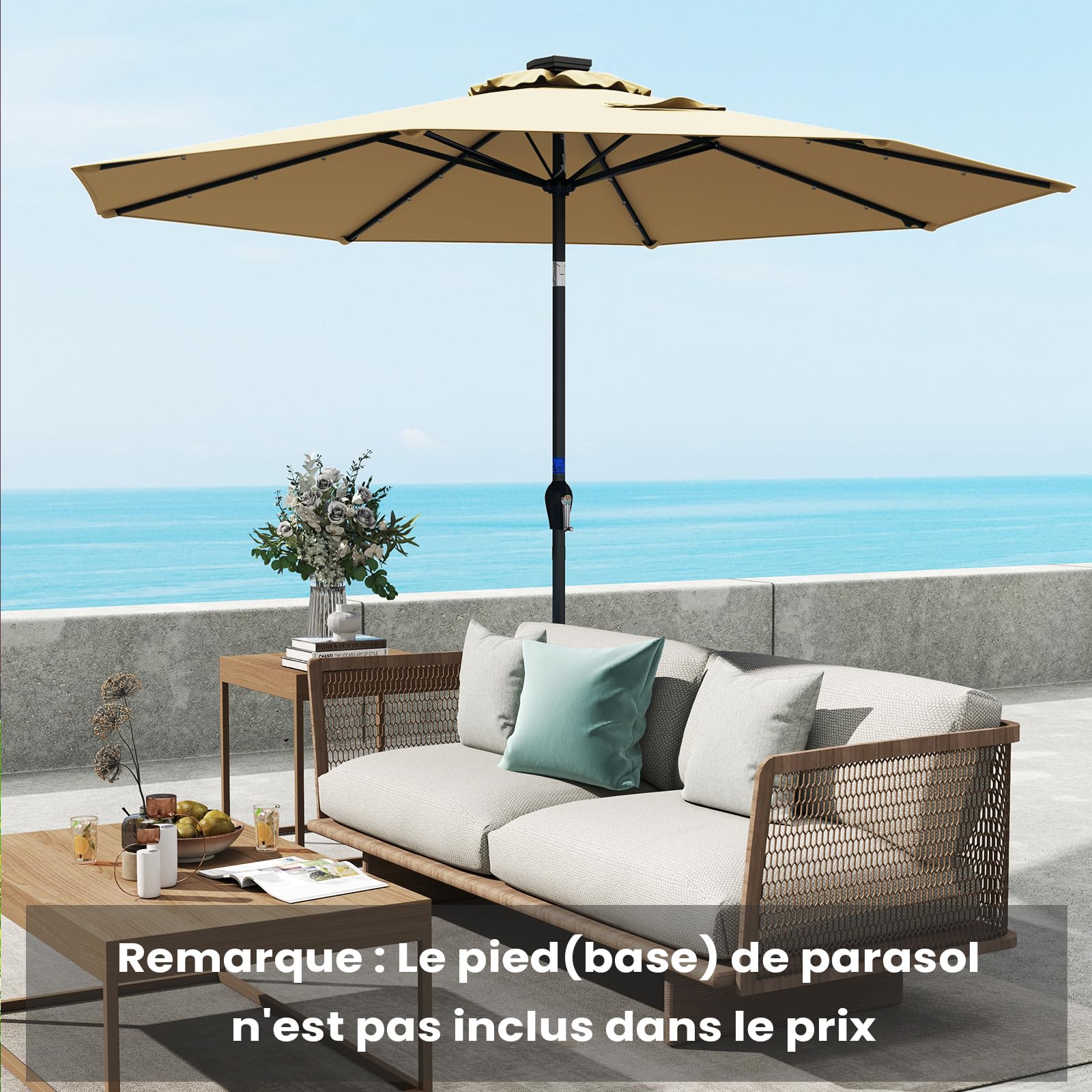 RELAX4LIFE Parasol Inclinable LED Dia.3M avec Éclairage Solaire, 8 Baleines, Inclinaison Réglables Parasol de Jardin Extérieur pour Balcon Terrasse Patio Café Bistro (Beige, Φ300x250cm)