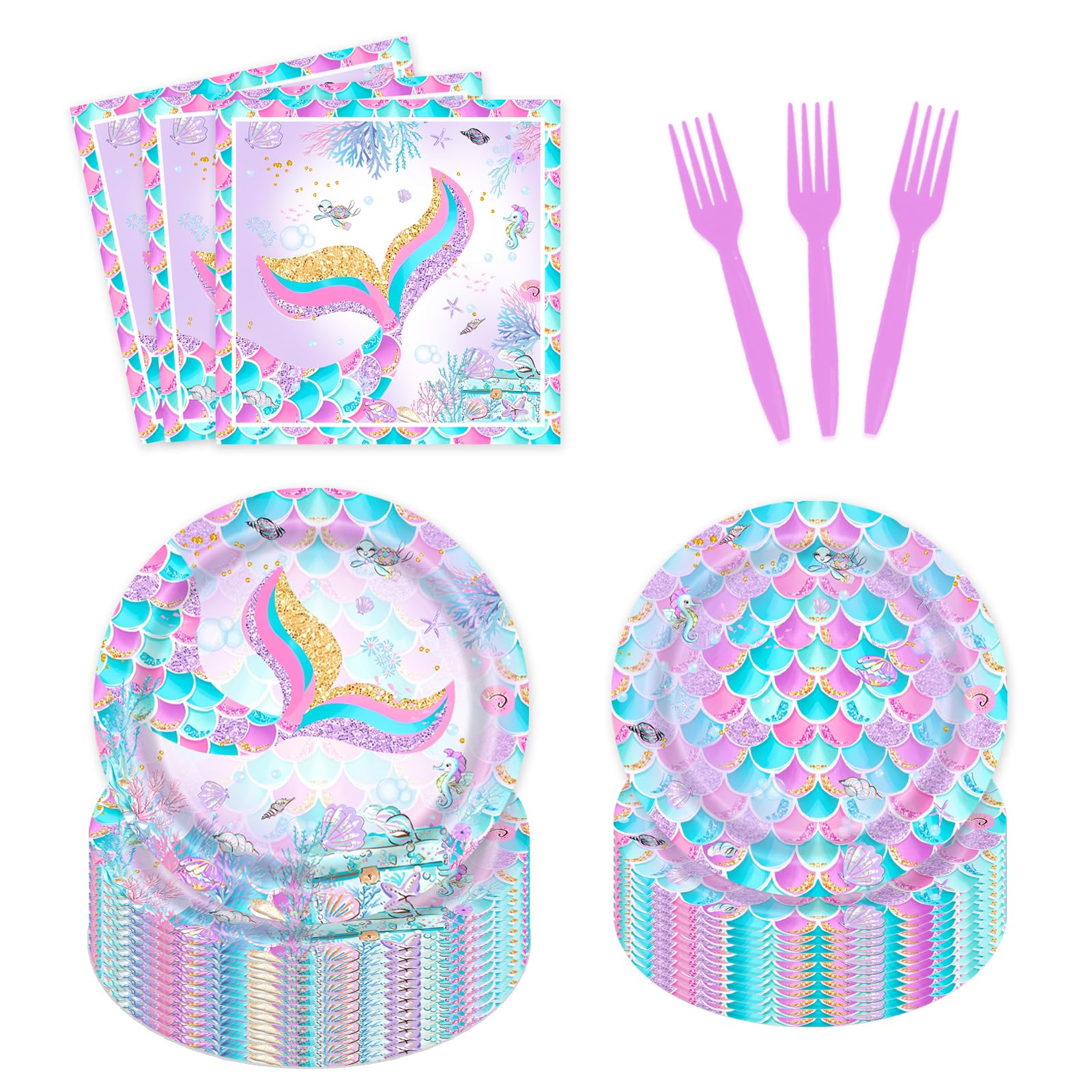 AEMUYA 96 Pcs Mermaid Party Plates and Napkins Under the Sea Little Mermaid Tail Tableware Supplies for Princess Girls Birthday Baby Shower Decorations Serves 24 Guests