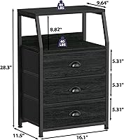 Vista 3 de Furnulem - Mesita de noche negra, cómoda pequeña para dormitorio, con 3 cajones de almacenamiento de tela y estante de 2 niveles, mueble lateral