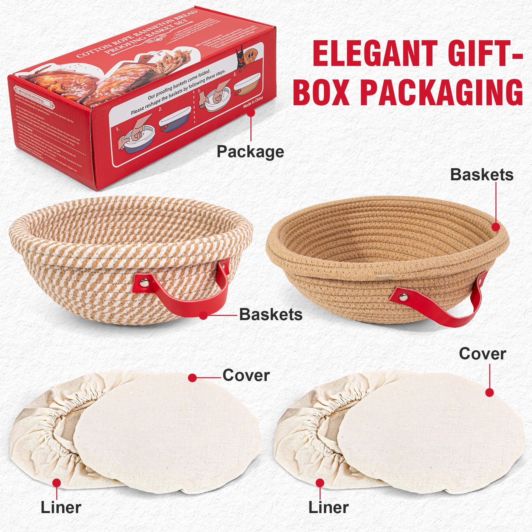 Set di cestini da fermentazione per impasto acido, 2 x 23 cm, rotondi, con rivestimento e coperchio, set di accessori per la fermentazione, accessori da forno, regalo per donne, mogli, madri e